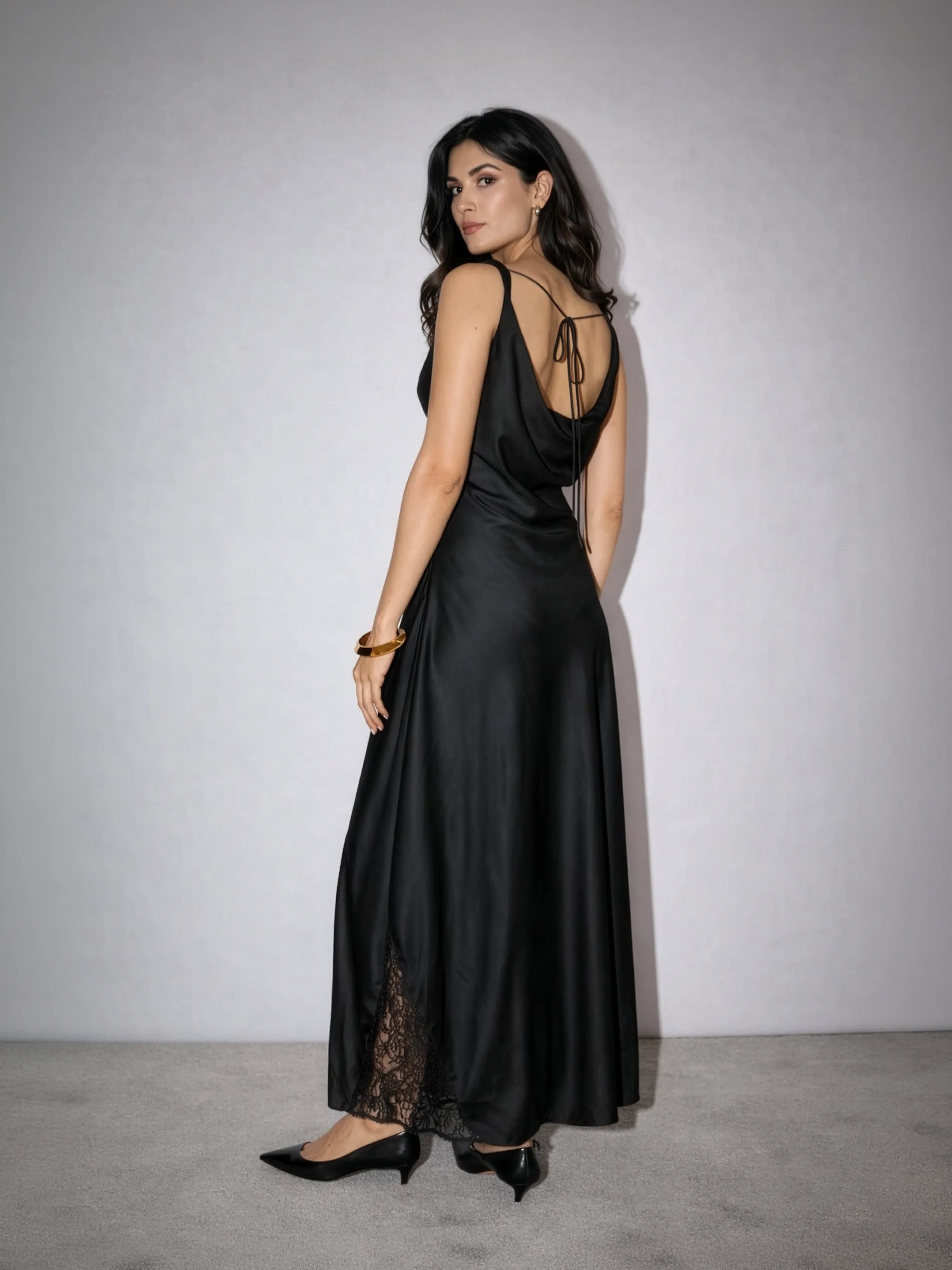 Soirée Black Slip Dress in LustraSatin™ Fabric – Cove and Lane
