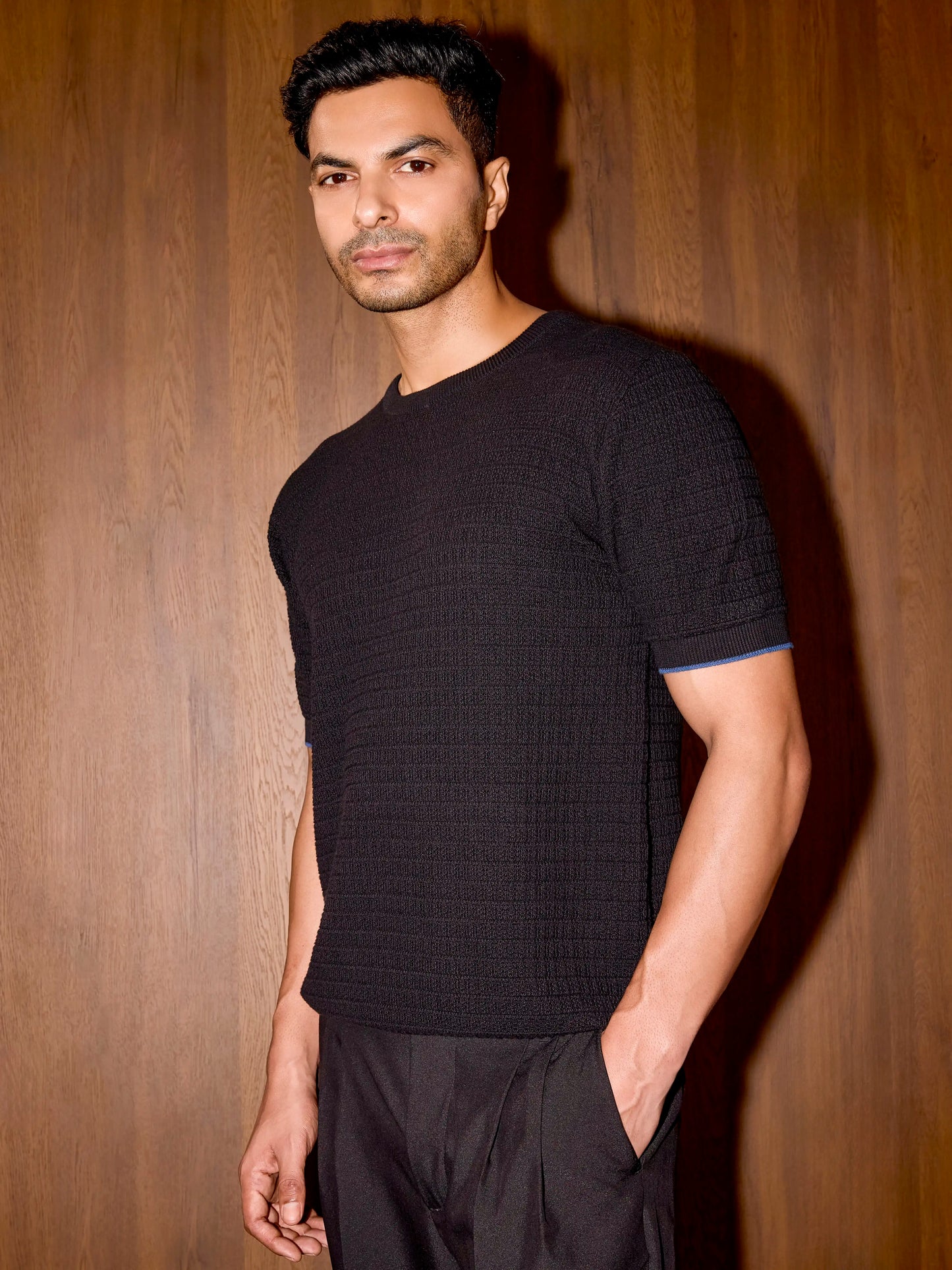 Textured Knit Oversized Tee - Black