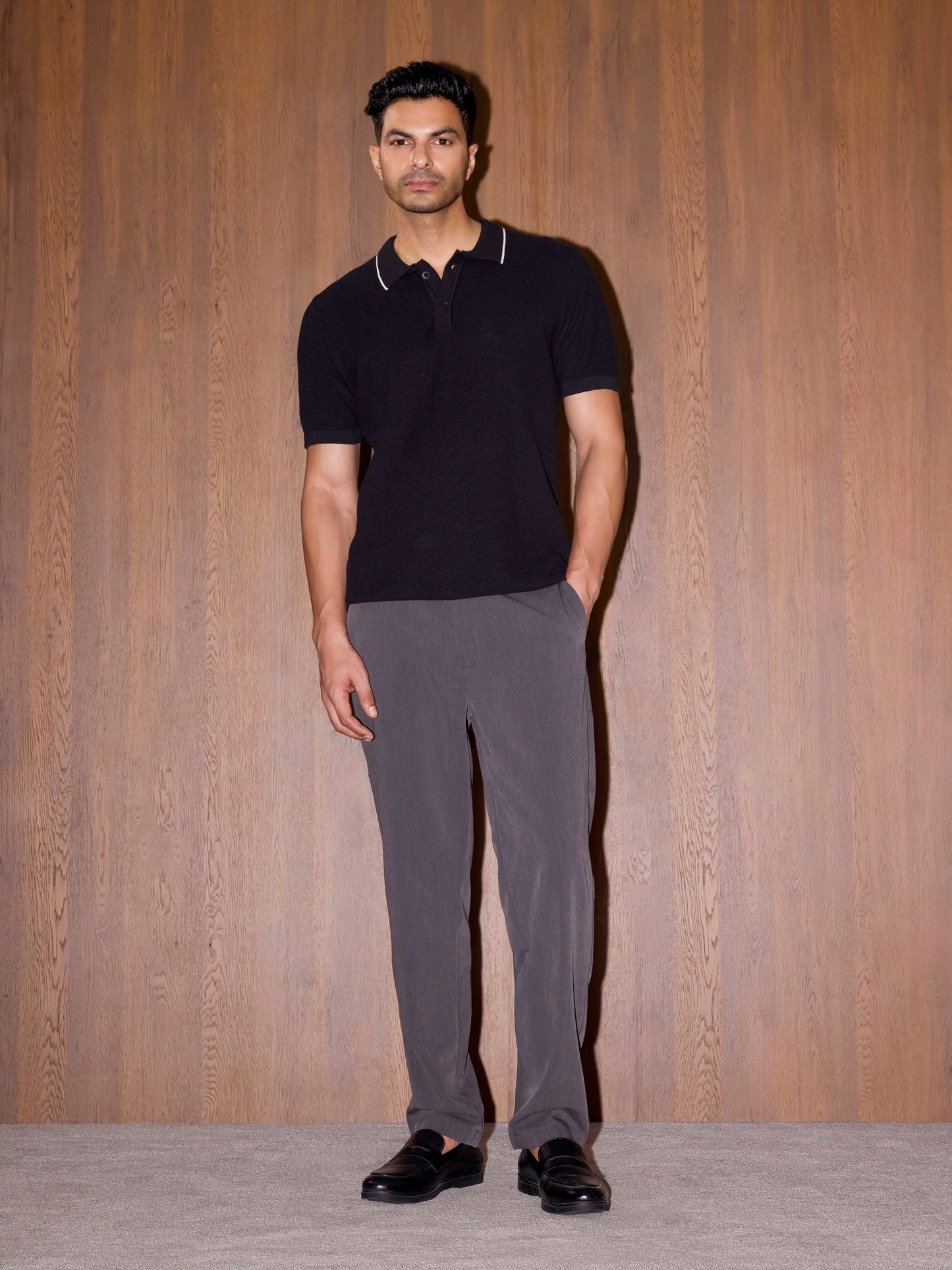 3D Knit Cotton Polo Regular Fit - Black