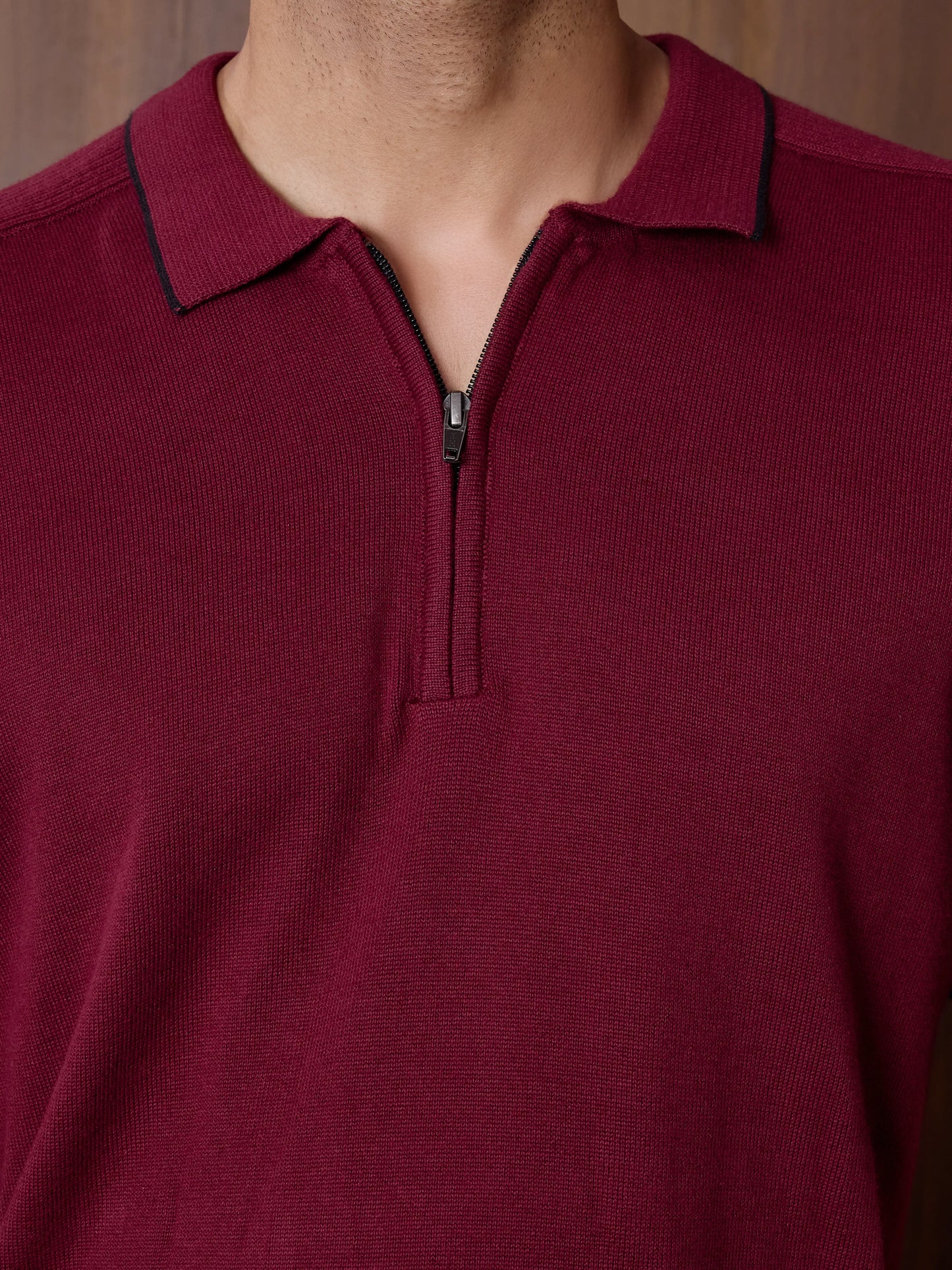 Rib Sleeve Cotton Zip Polo - Burgundy