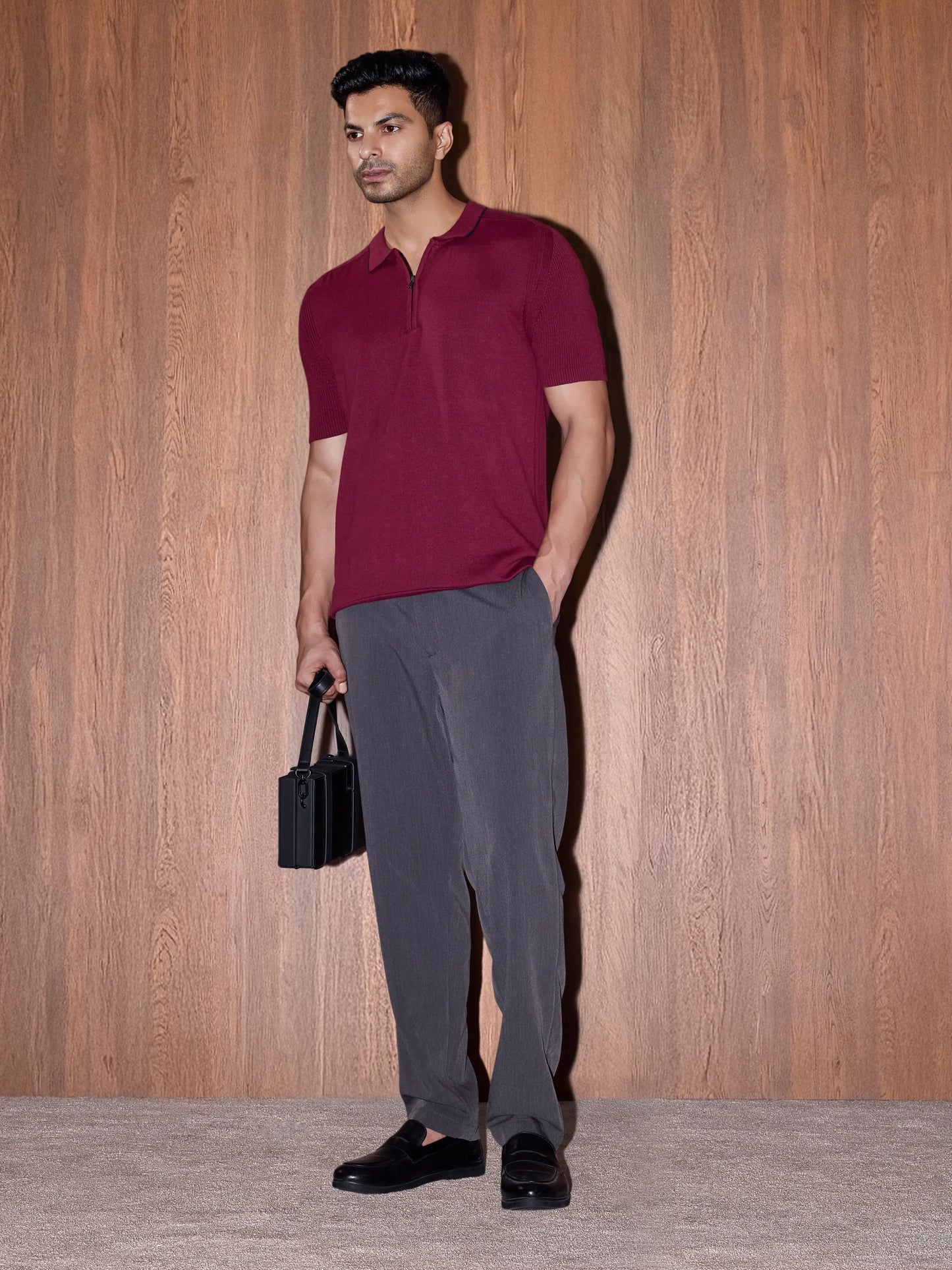 Rib Sleeve Cotton Zip Polo - Burgundy