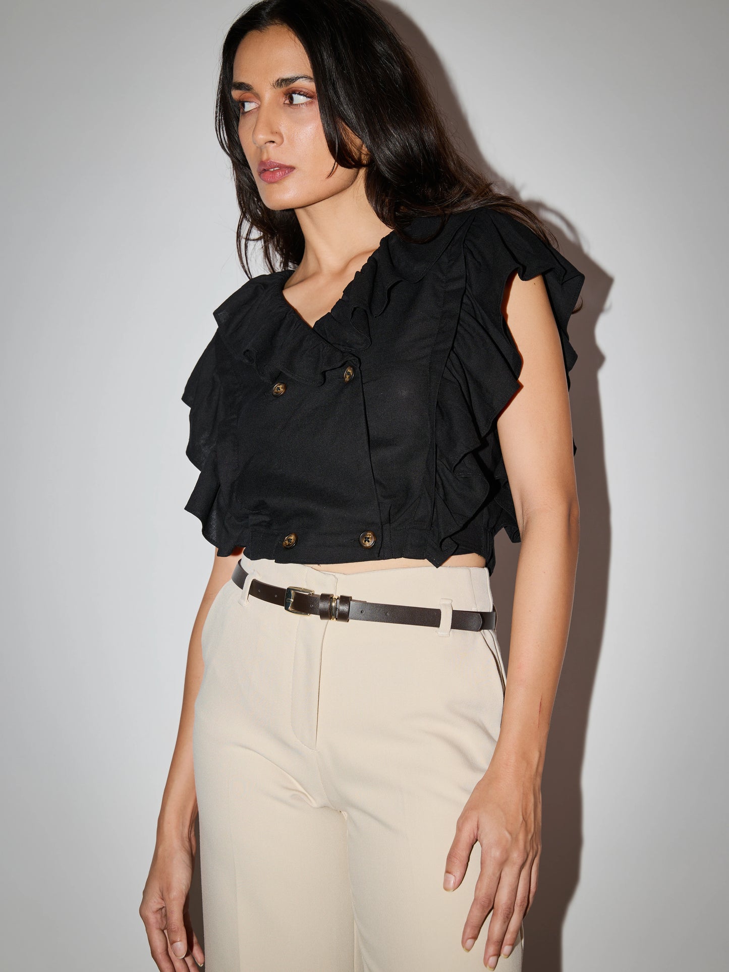 Ruffle Linen Double Breasted Top - Black