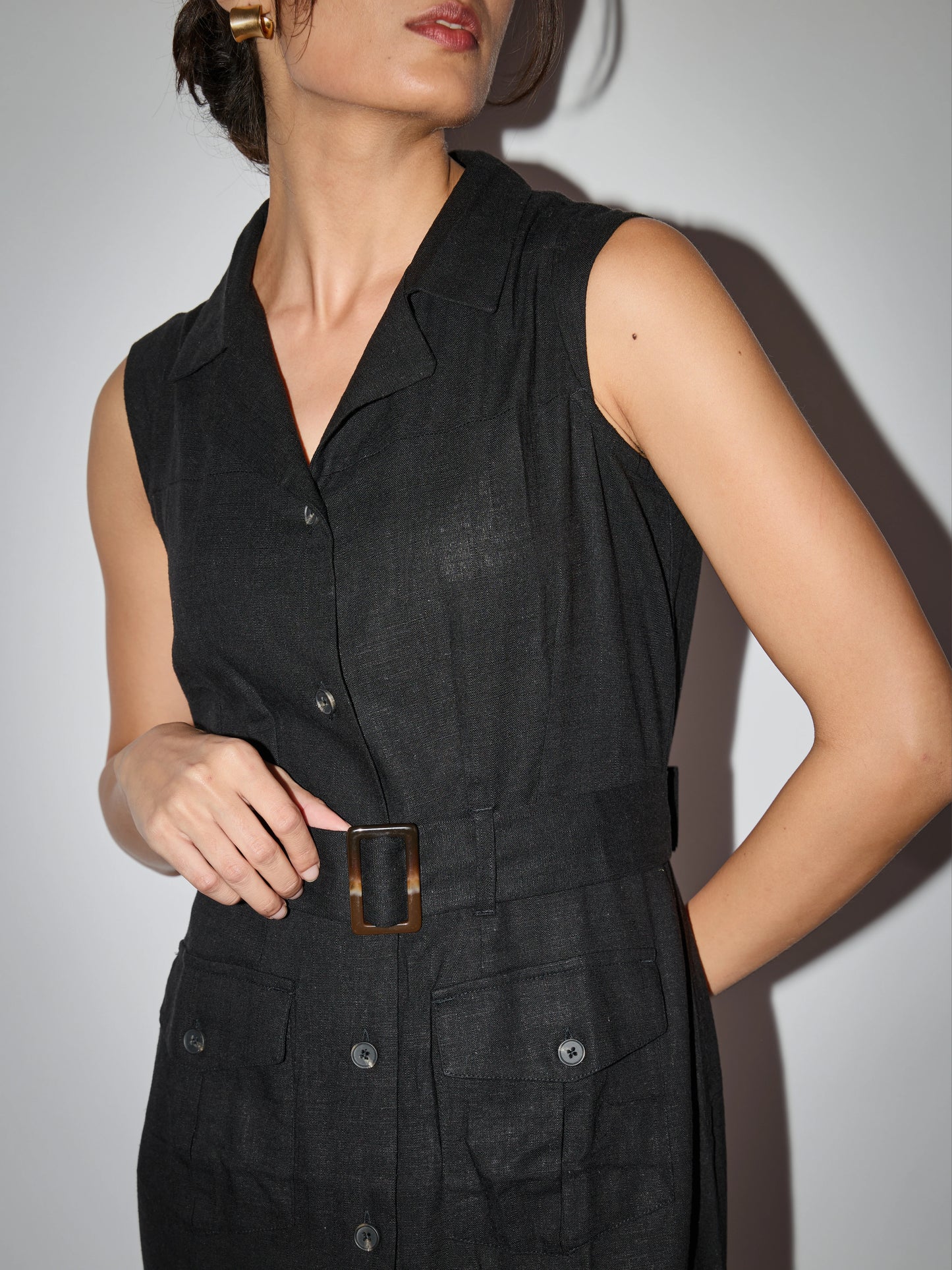 Trench Style Linen Dress - Black
