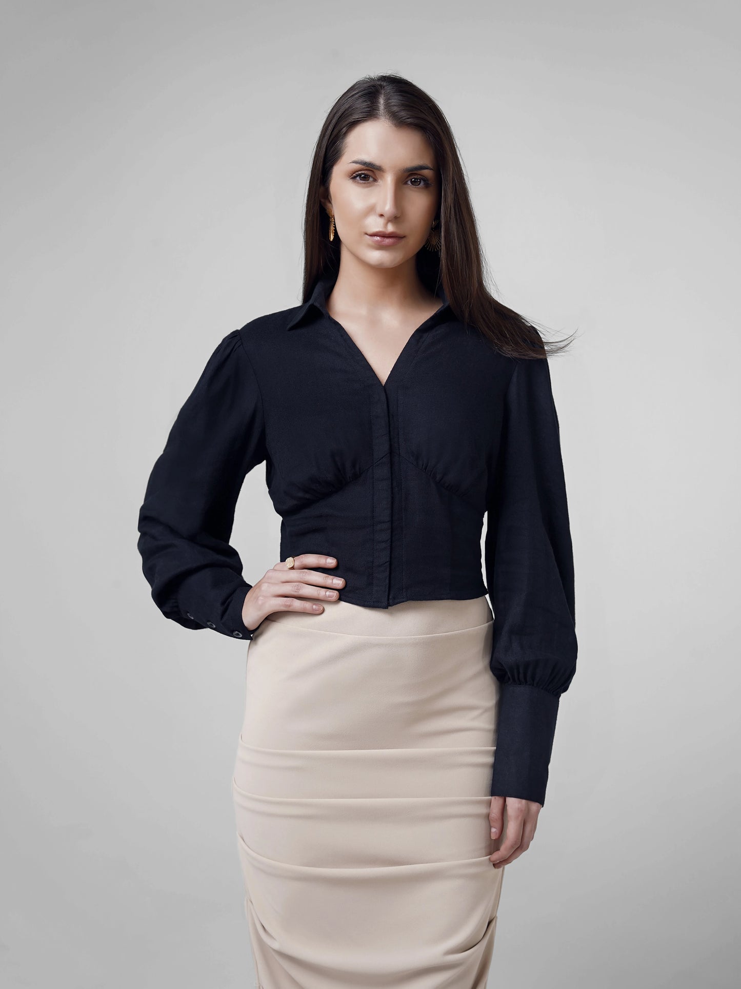 Linen Top with Elastic Waist - Navy