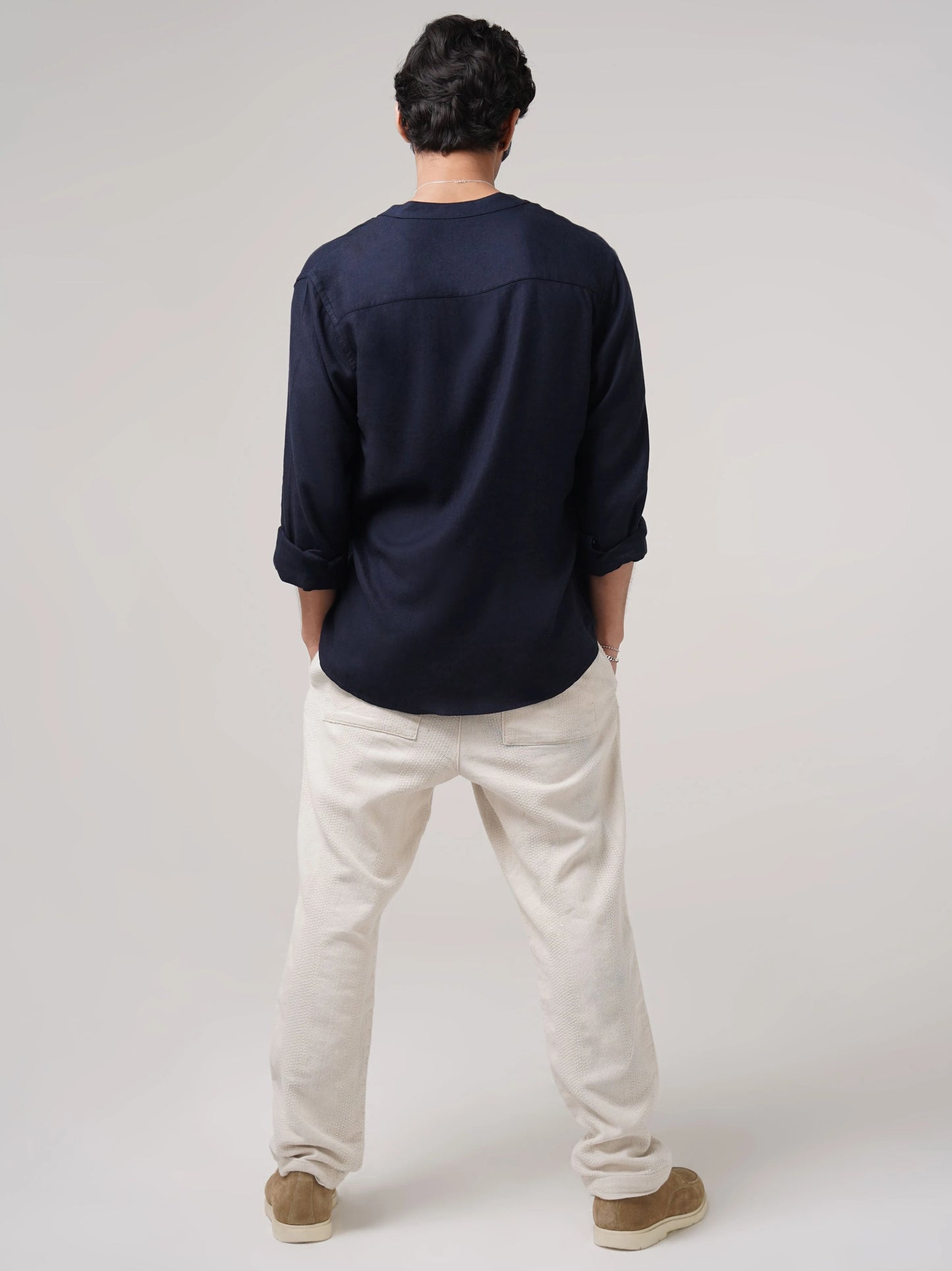 Mandarin Linen -Navy Regular Fit Shirt