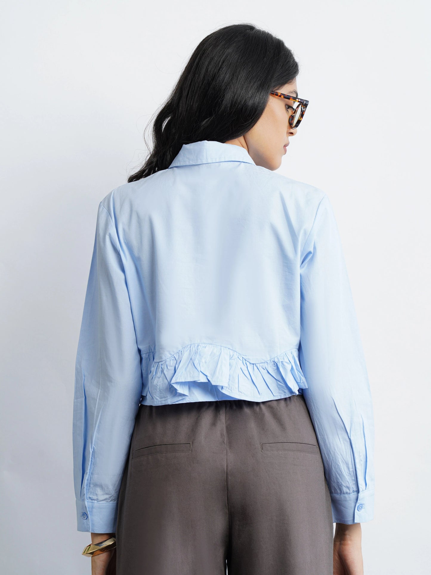 Ruffle Cotton Shirt - Sky Blue