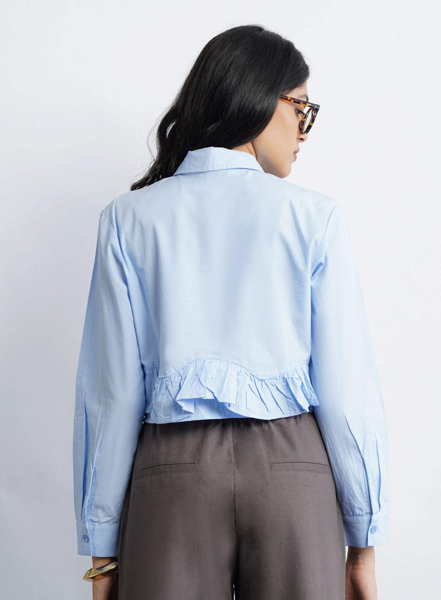 Ruffle Cotton Shirt - Sky Blue