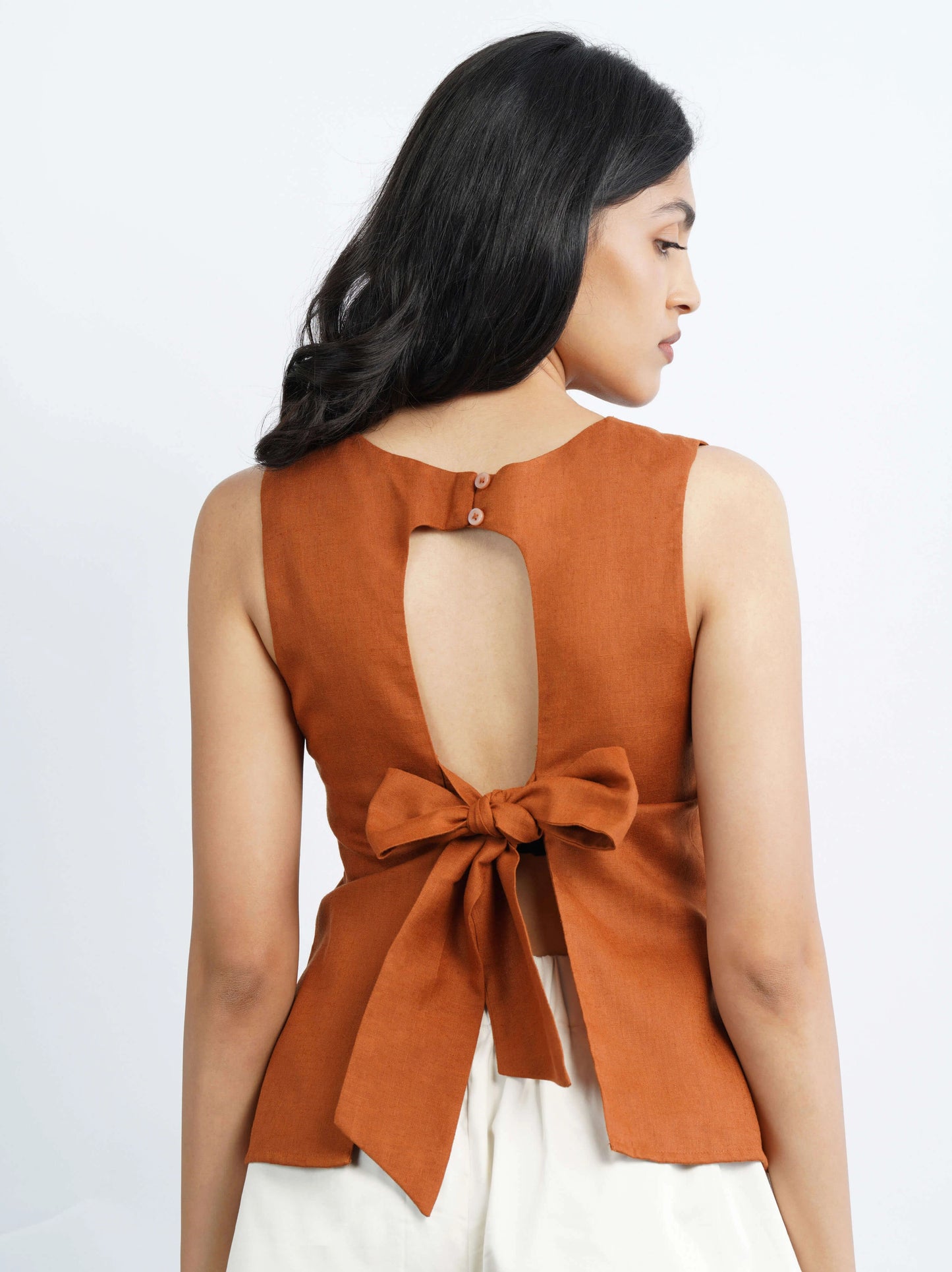 Linen Bow Tie Top - Saffron Glow