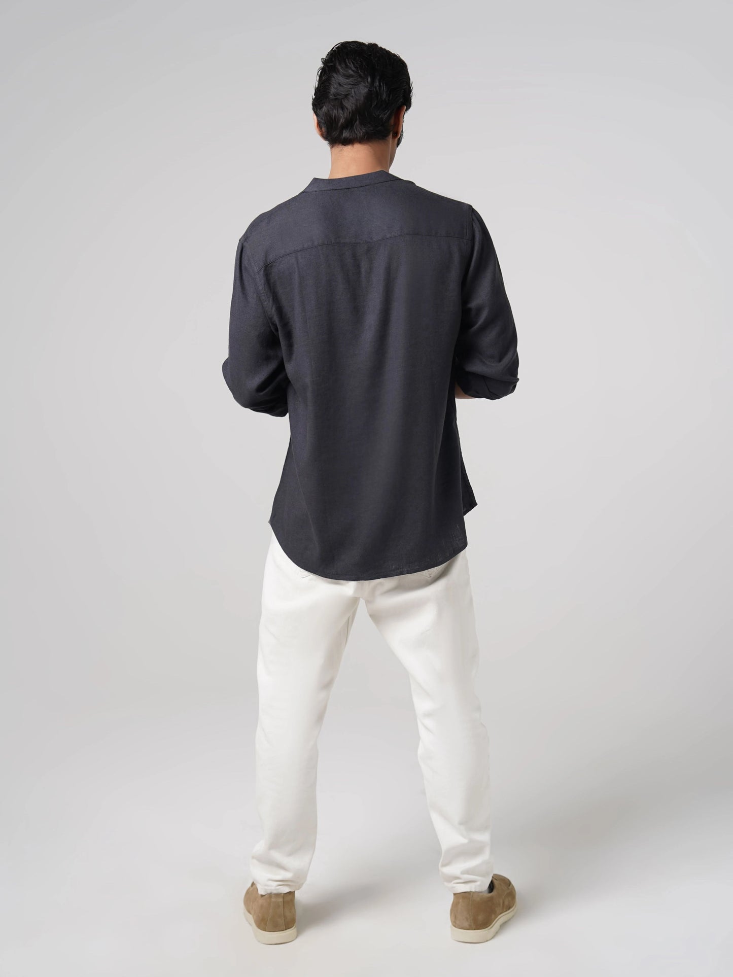 Mandarin Linen - Charcoal Grey Regular Fit Shirt