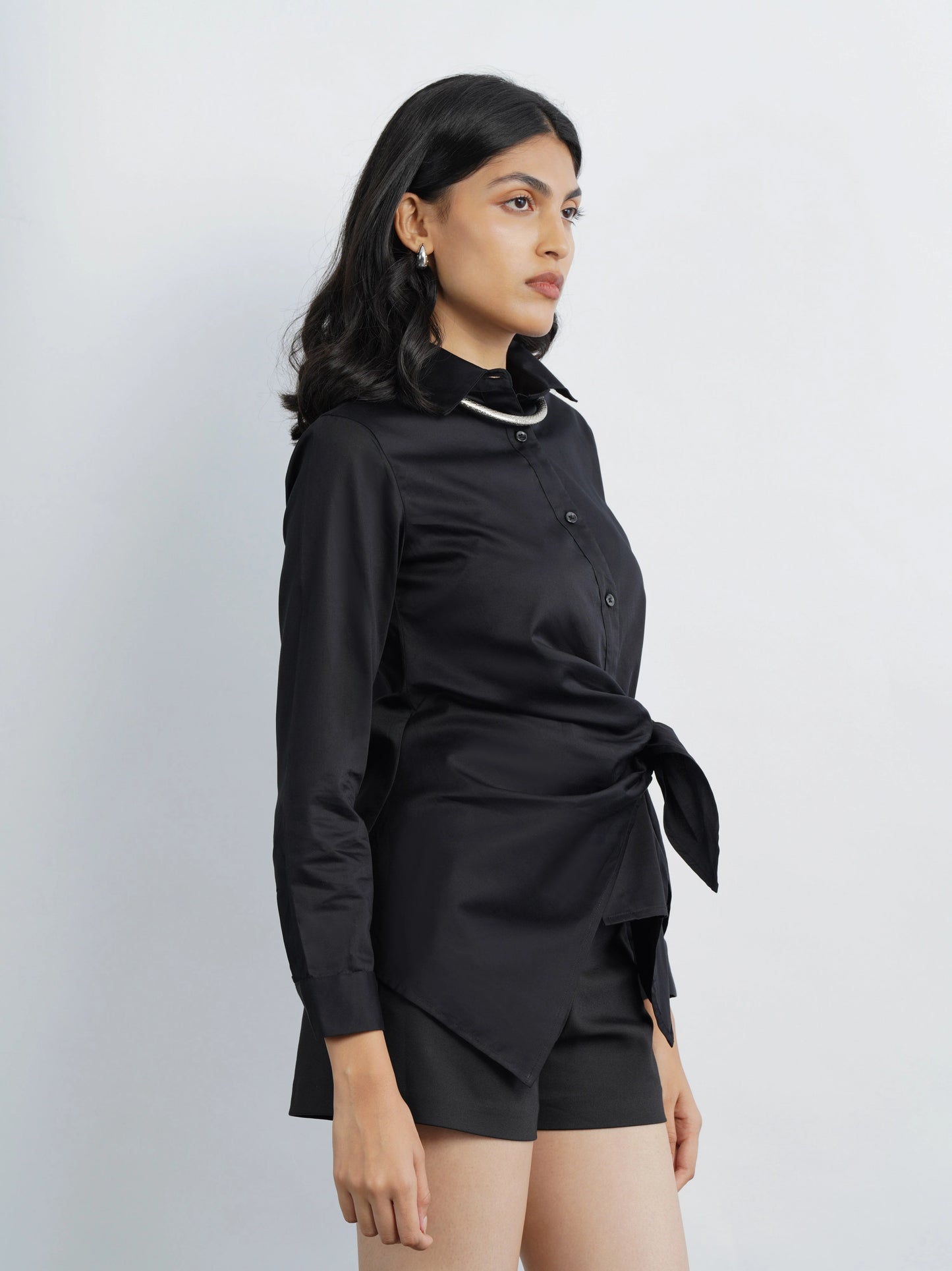 Satin Tie Up Shirt Black