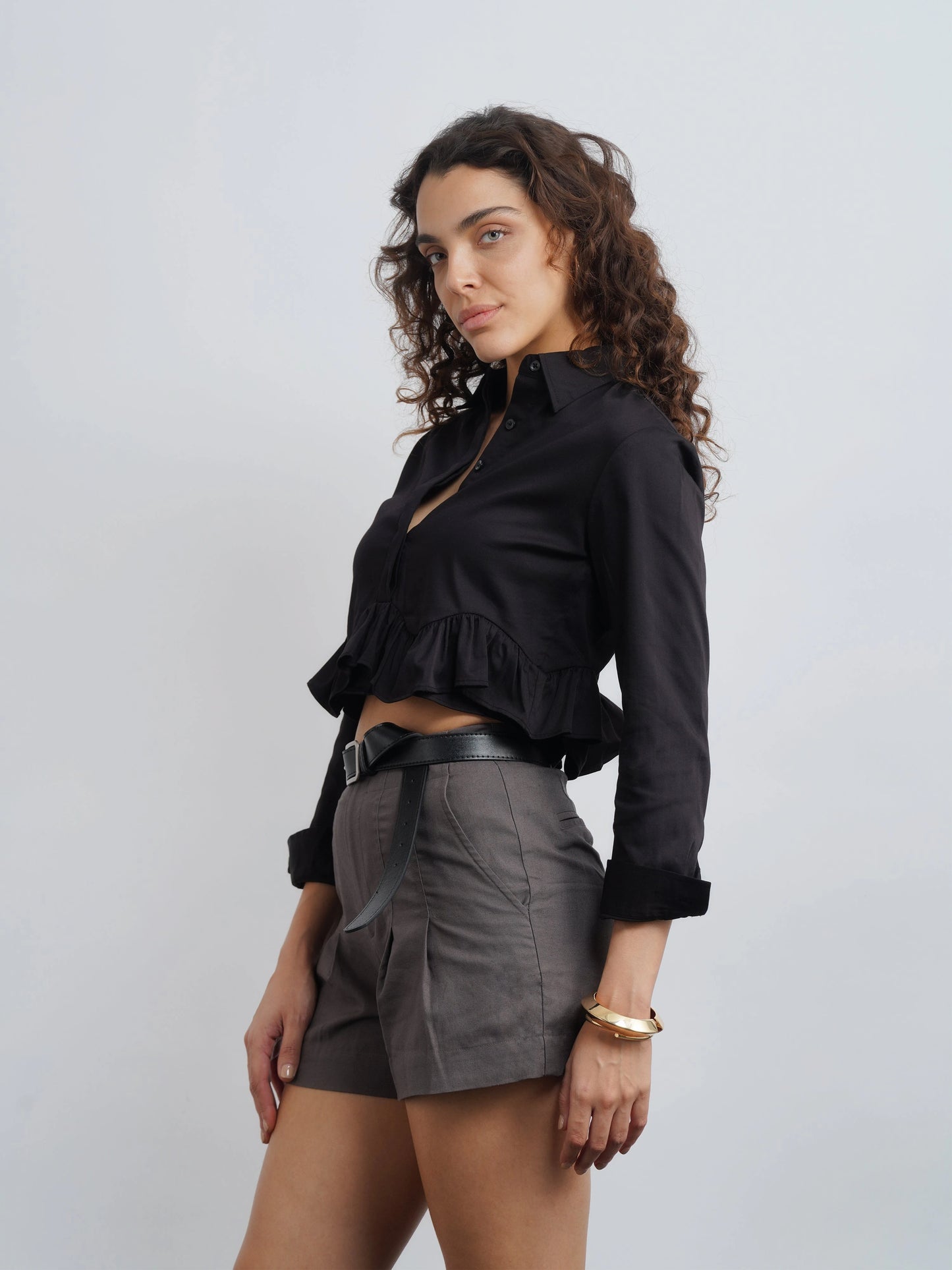 Ruffle Cotton Shirt - Black