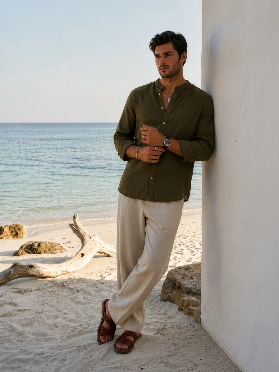 Mandarin AirLinen™ - Olive Regular Fit Shirt