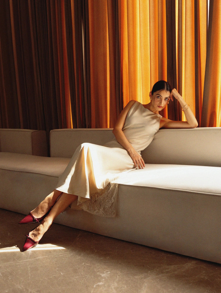 LustraSatin champagne slip dress styled for evening