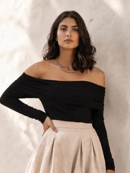 off-shoulder knit top - black