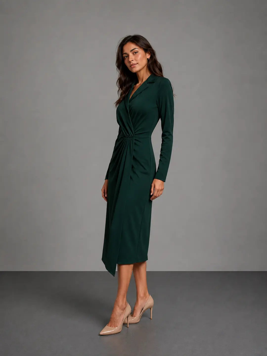 long-sleeve midi dress in matcha green