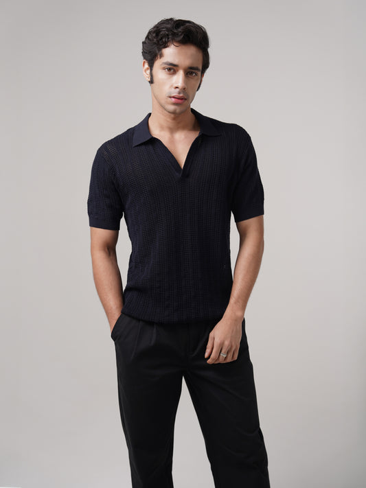 Cotton Crochet Polo Midnight Blue