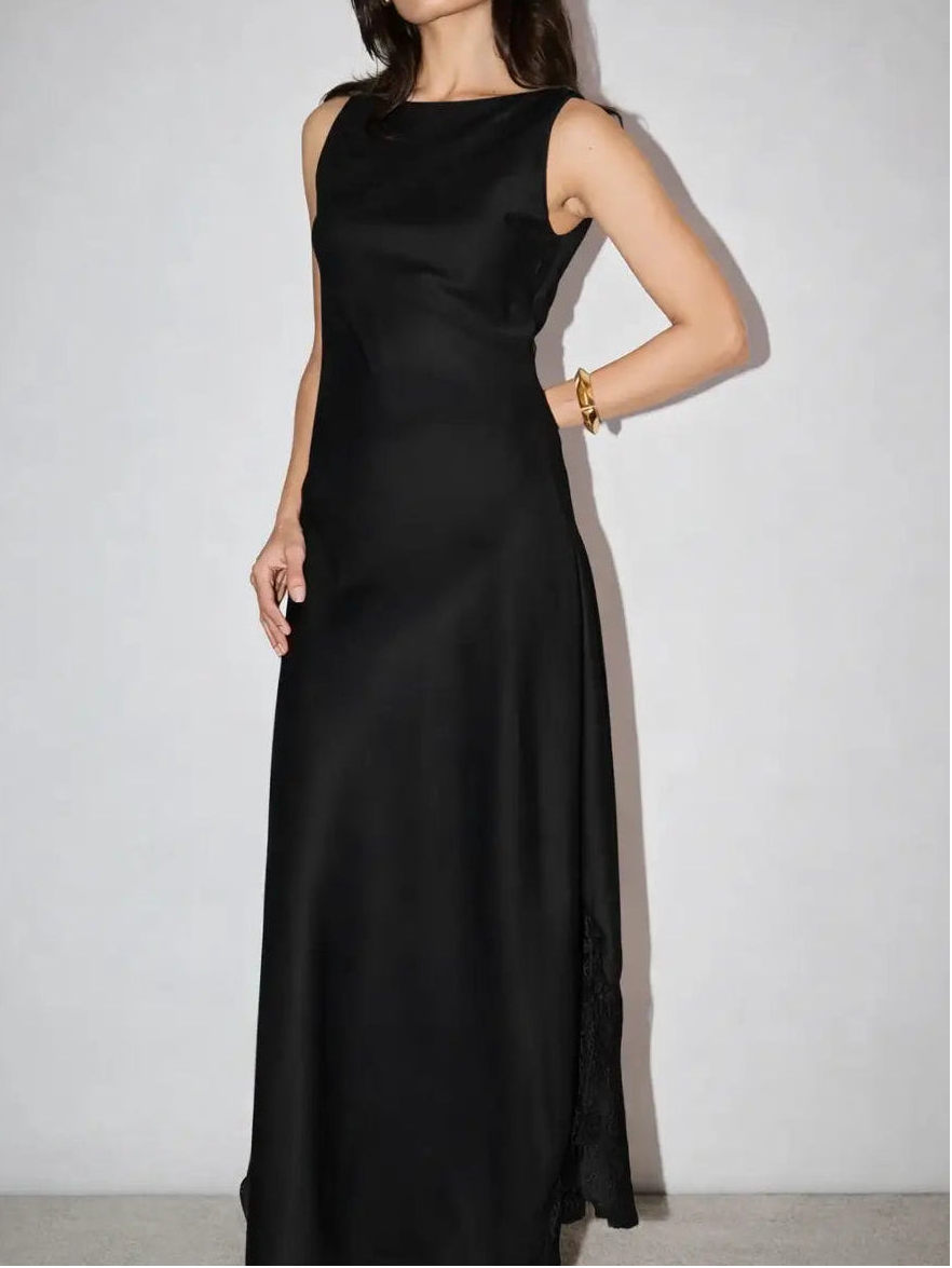 60's evening dresses Soirée Black Slip Dress in LustraSatin™ Fabric – Cove and Lane