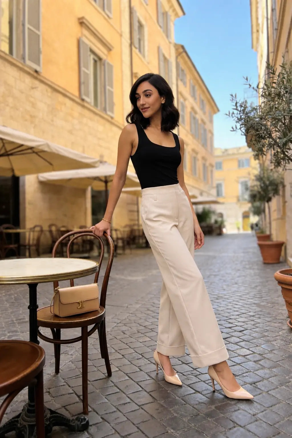 Hem Fold Pant in SoftSuit Fabric - Cream