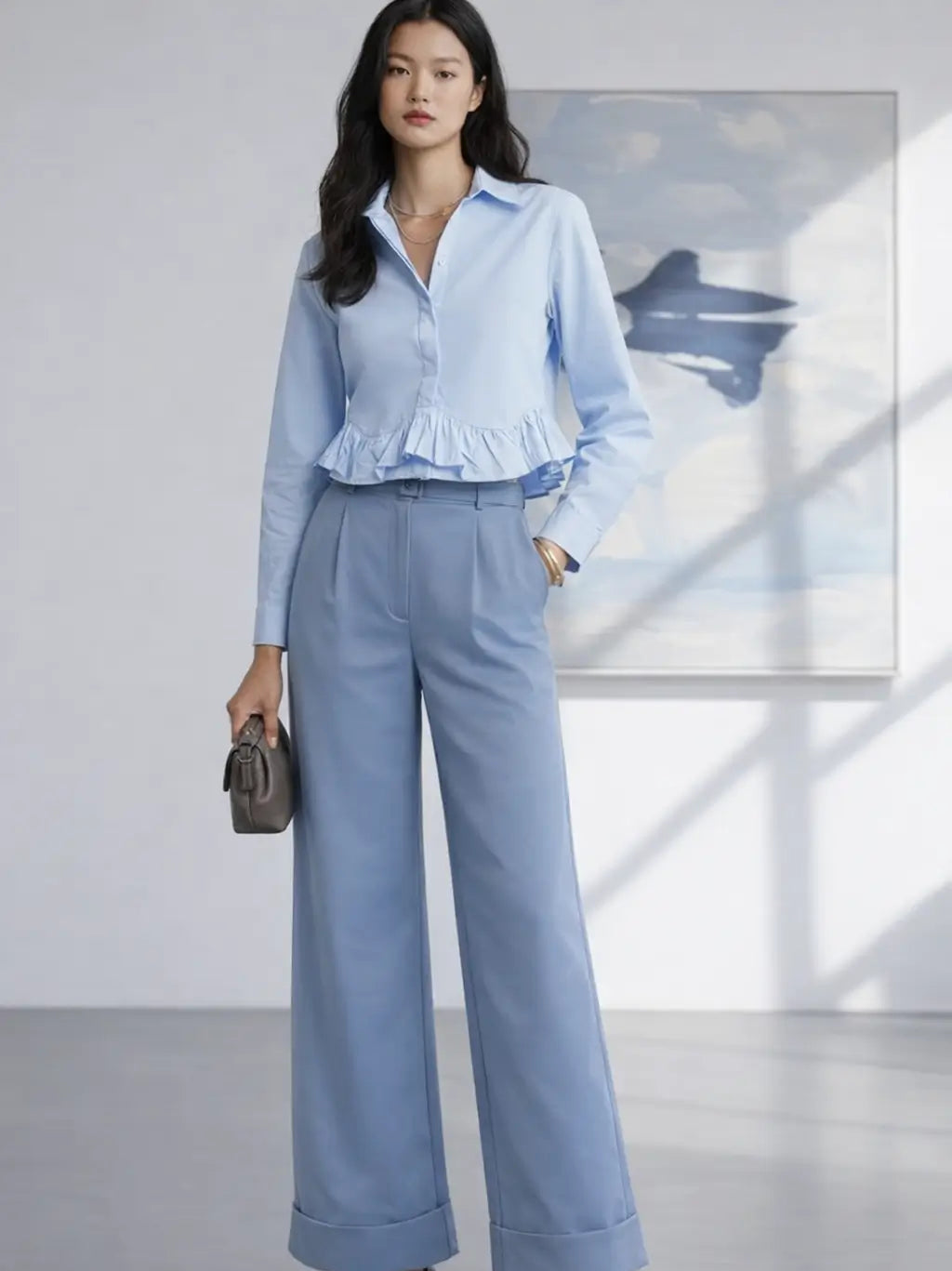 Ruffle Cotton Shirt - Sky Blue
