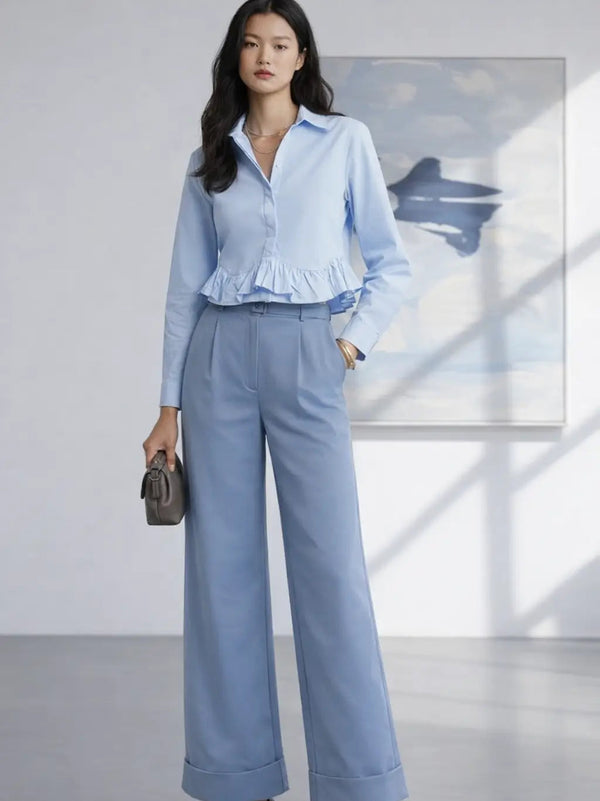 Ruffle Cotton Shirt - Sky Blue