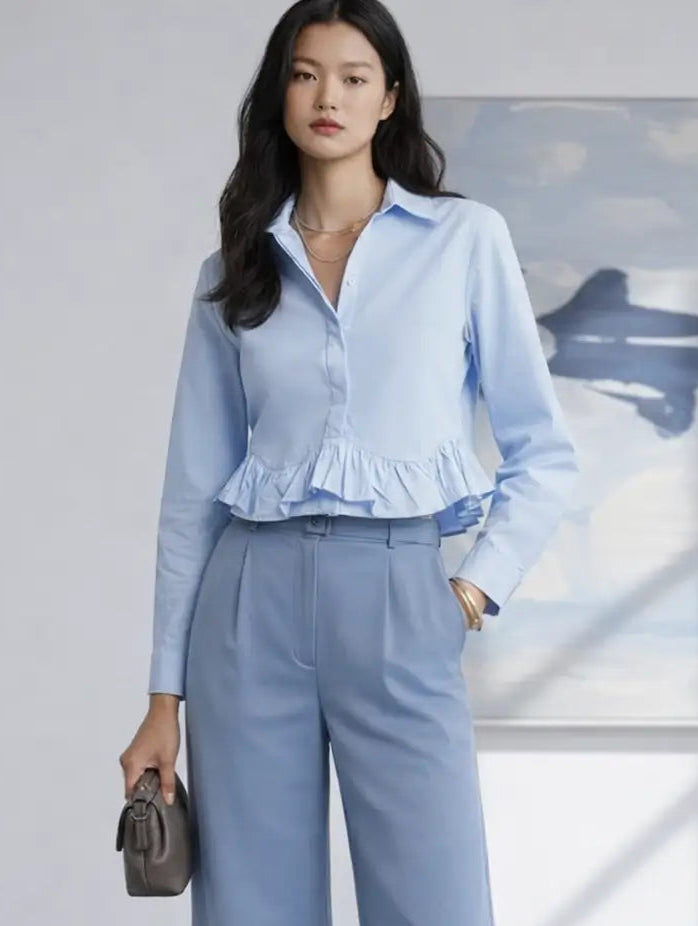 Ruffle Cotton Shirt - Sky Blue