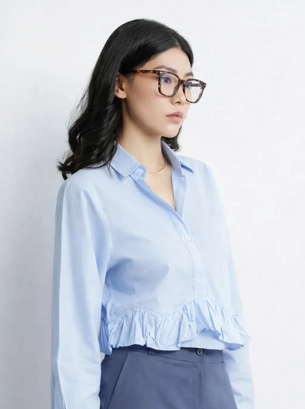 Ruffle Cotton Shirt - Sky Blue
