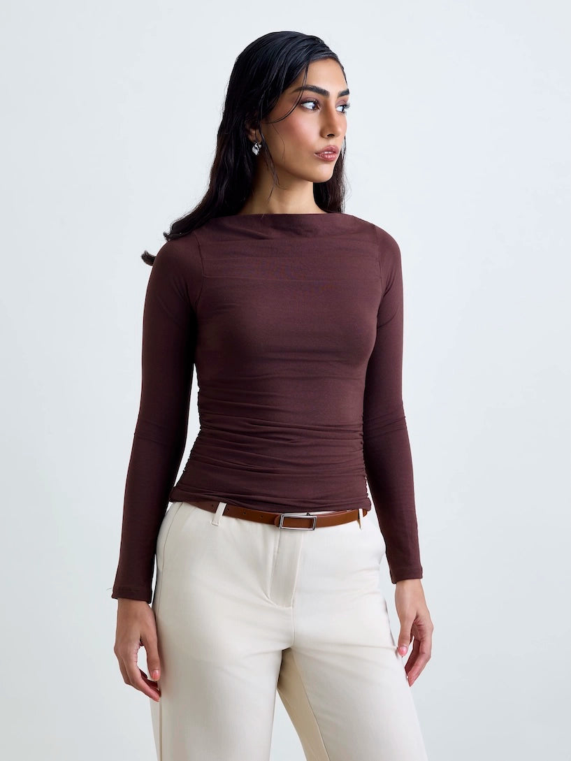 Ruched SoftDrape™ Top Full Sleeves - Mocha