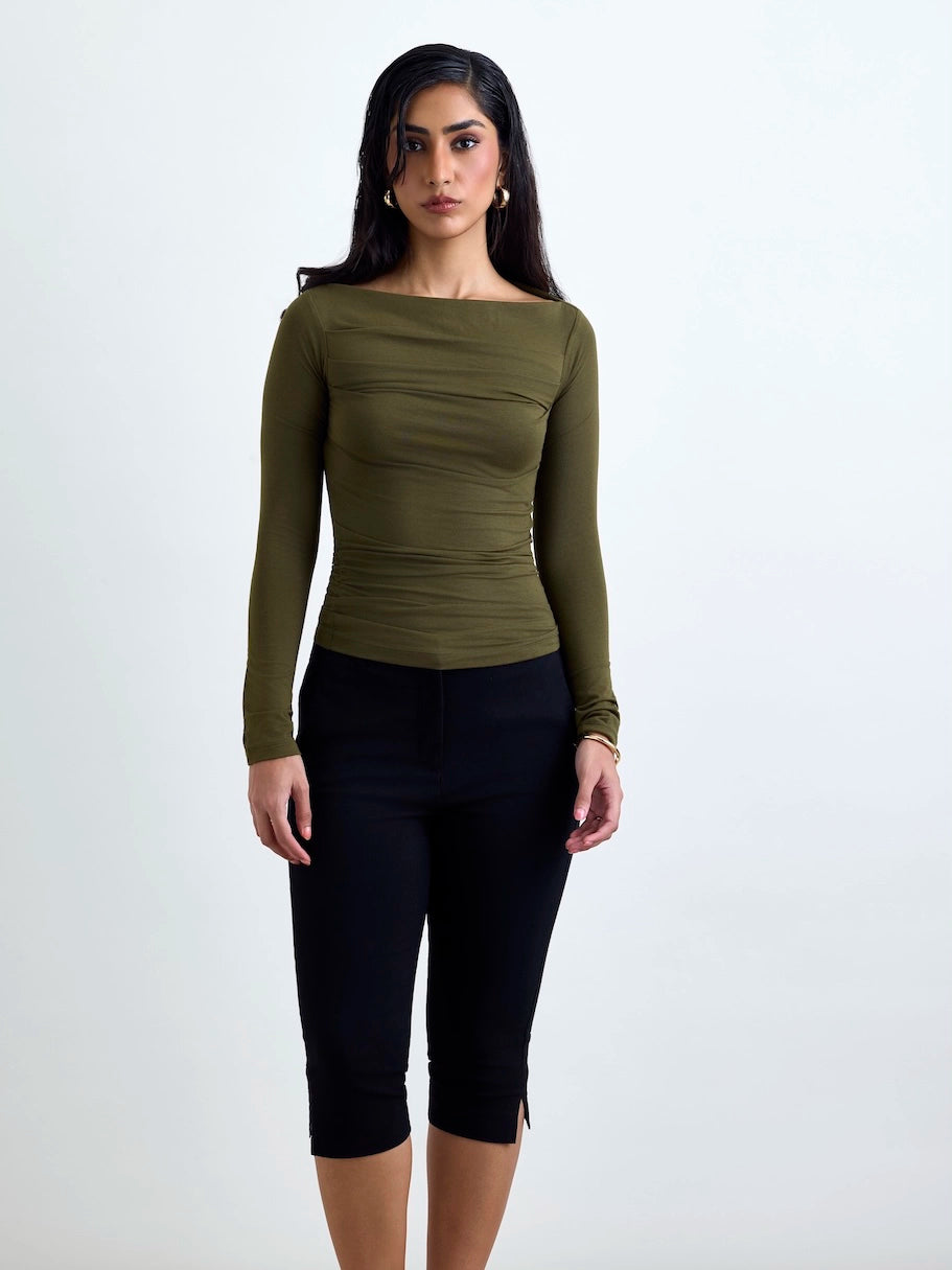 Ruched SoftDrape™ Top Full Sleeves - Olive