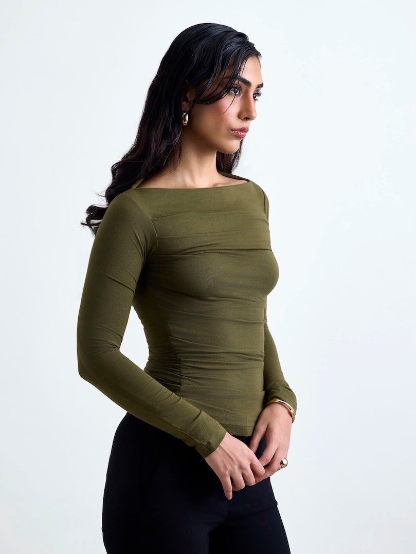 Ruched SoftDrape™ Top Full Sleeves - Olive