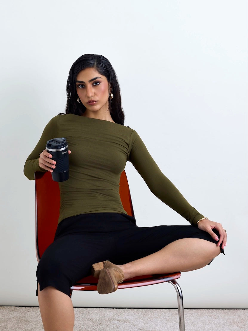 Ruched SoftDrape™ Top Full Sleeves - Olive