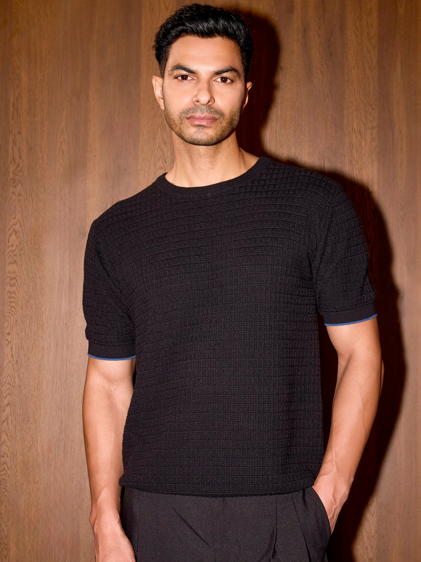 Textured Oversized Knit Tee - Black