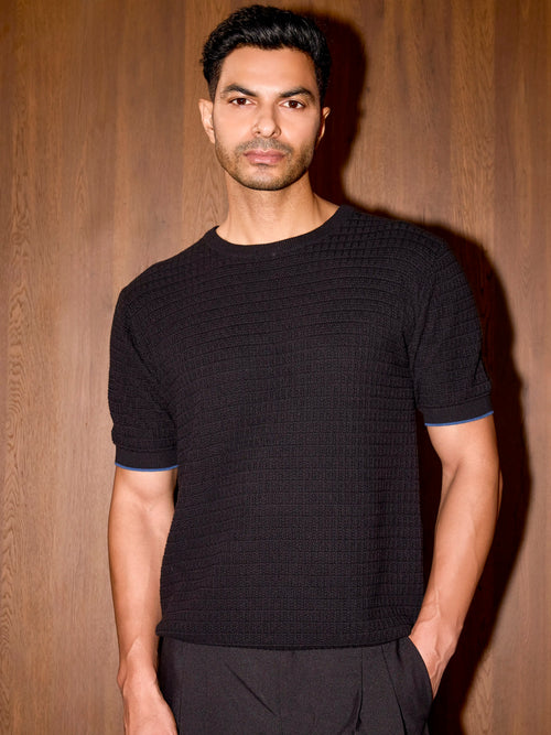 textured knit oversized tee - black