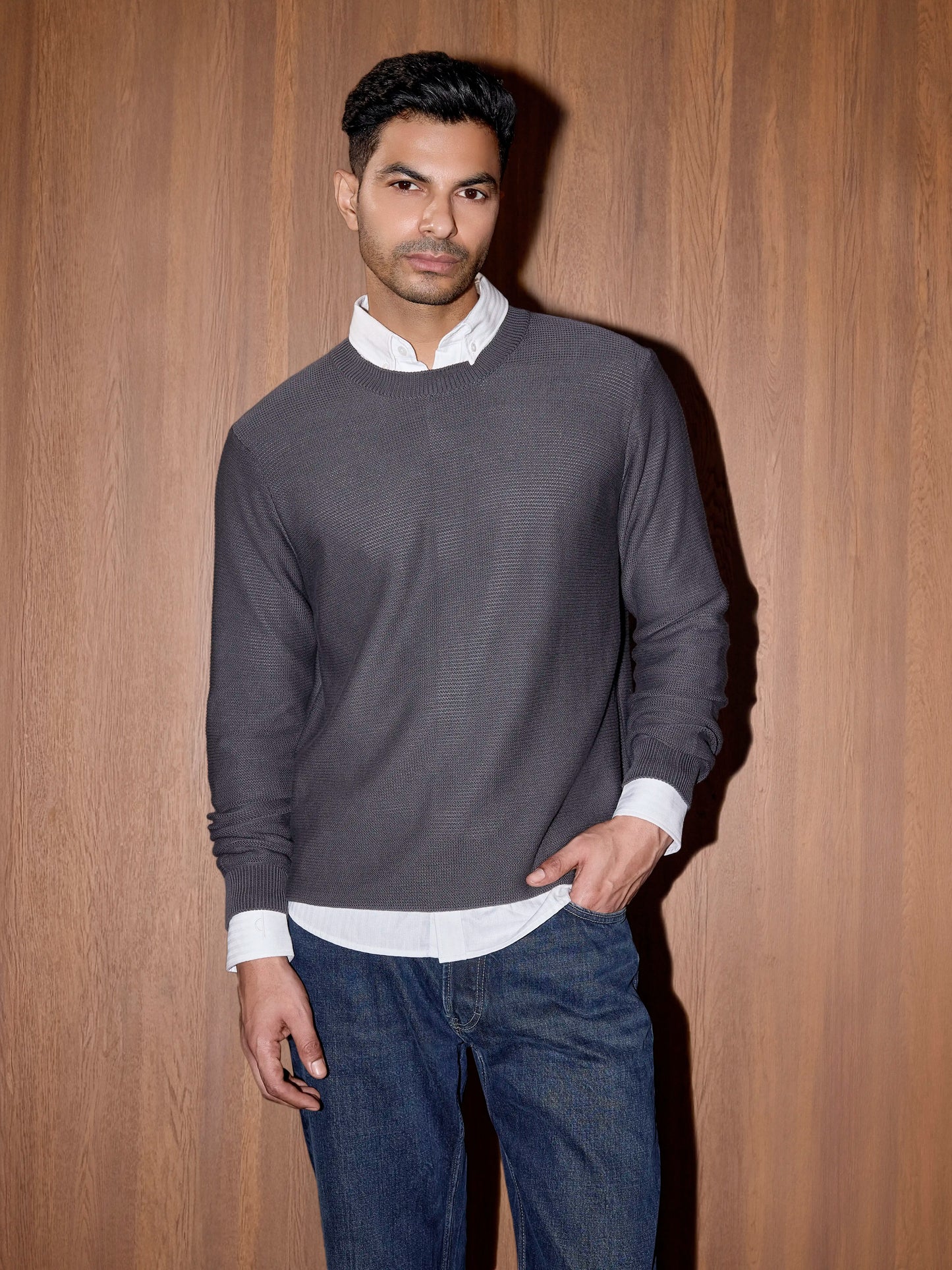 Textured Knit Pullover - Slate Grey