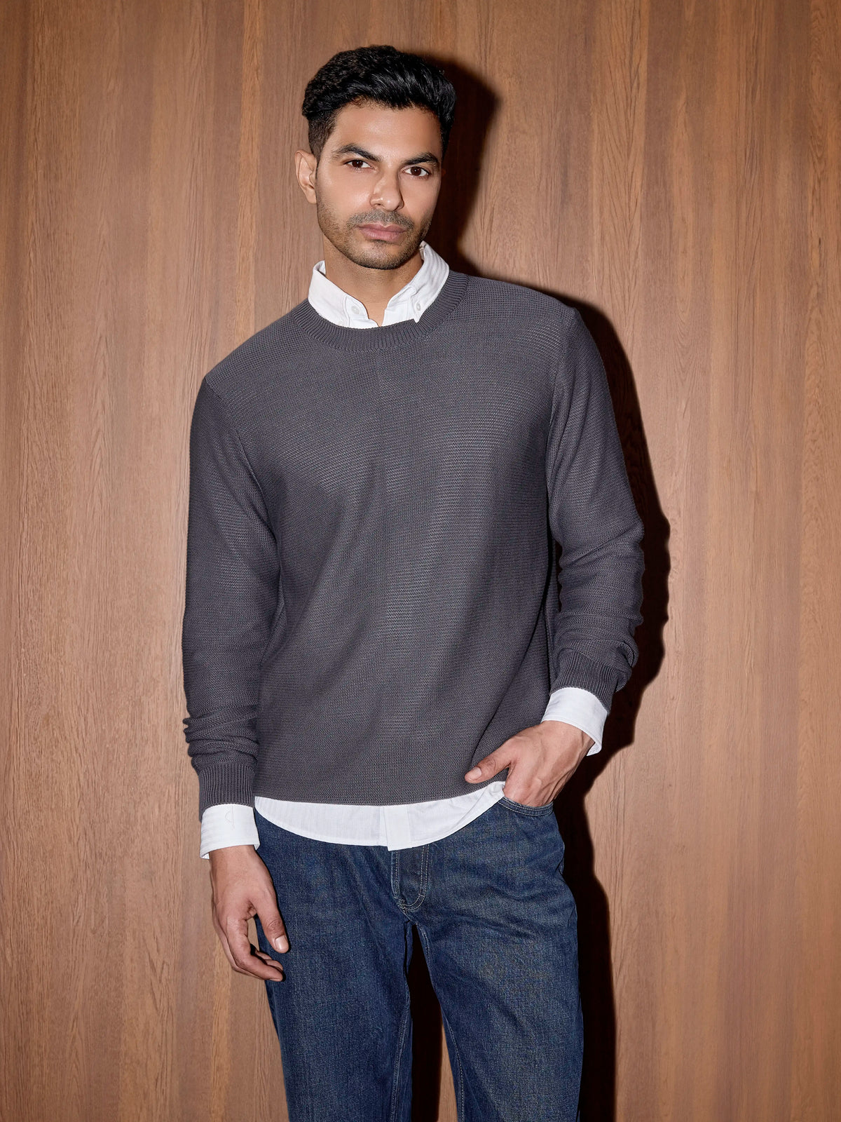 Textured Knit Pullover - Slate Grey