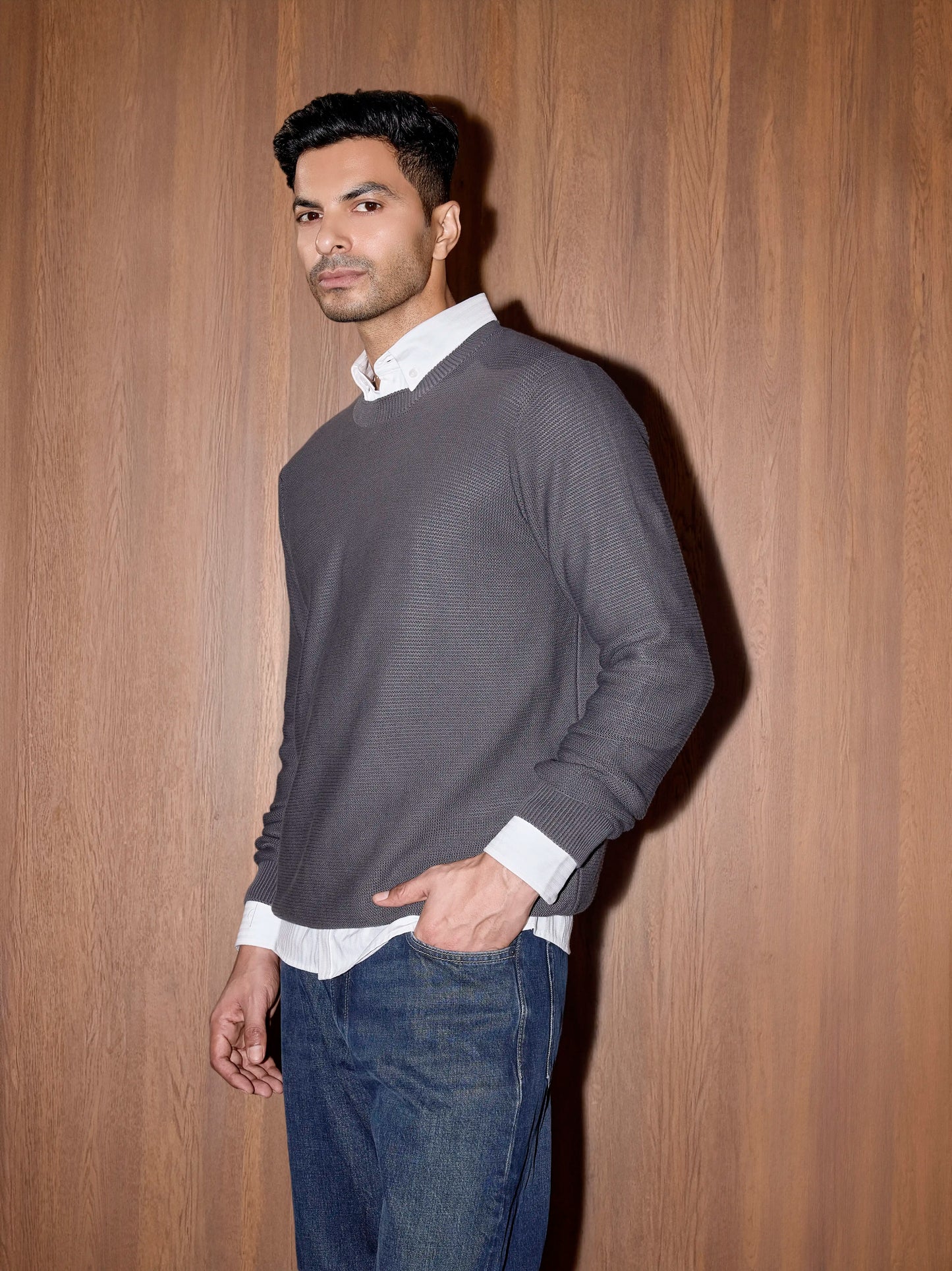 Textured Knit Pullover - Slate Grey