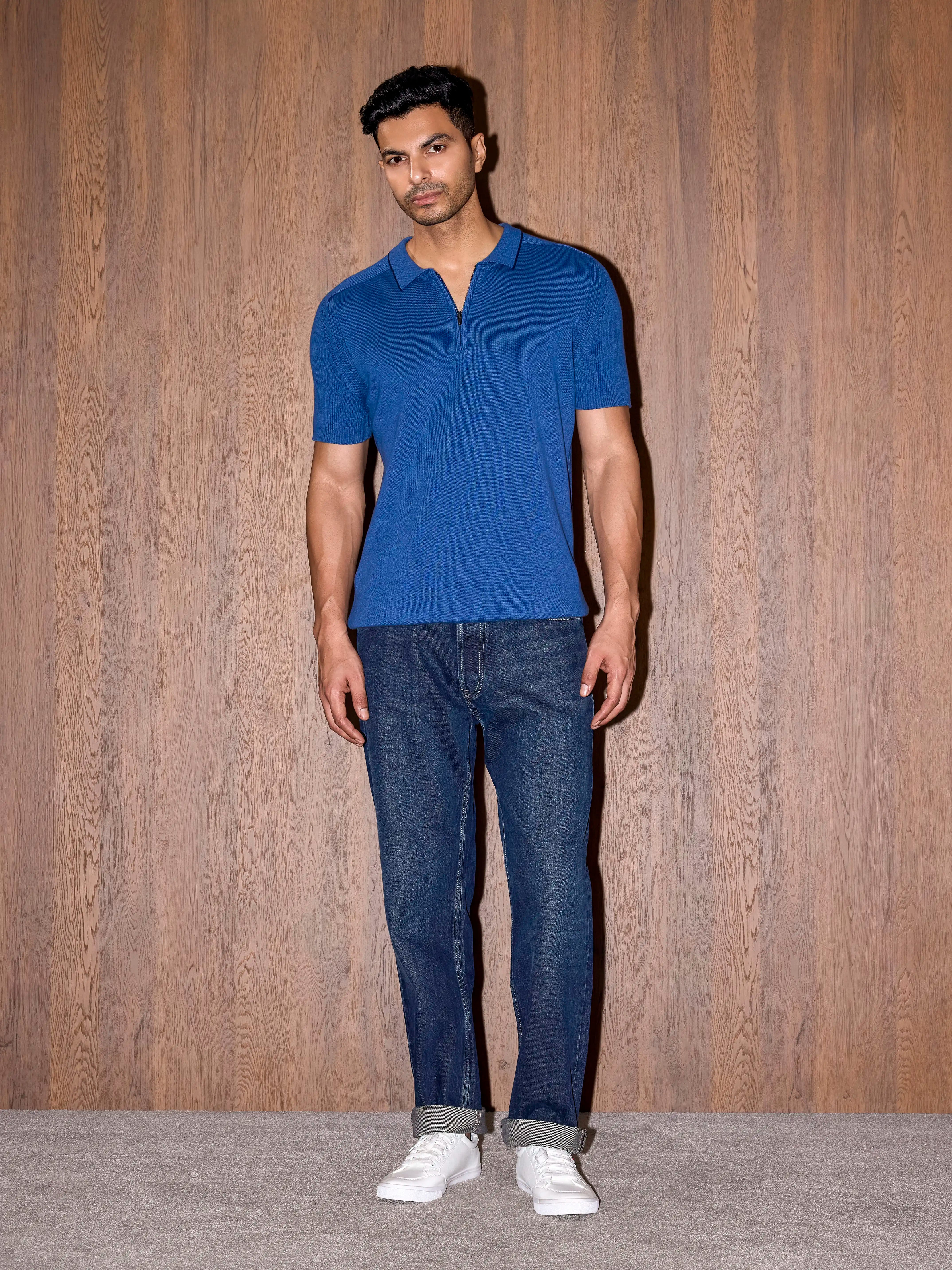 rib sleeve cotton zip polo - cobalt blue