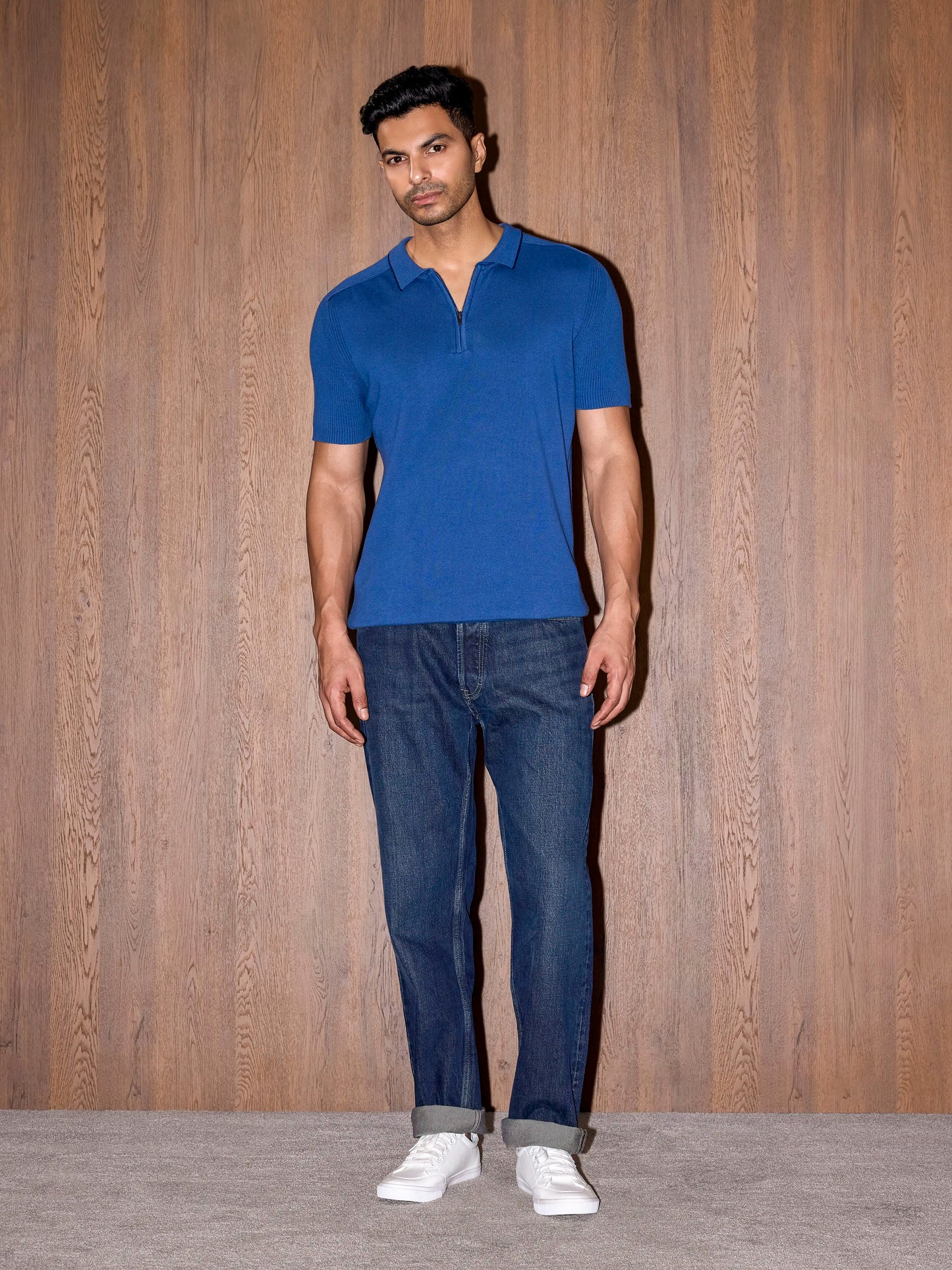 Rib Sleeve Cotton Zip Polo - Cobalt Blue