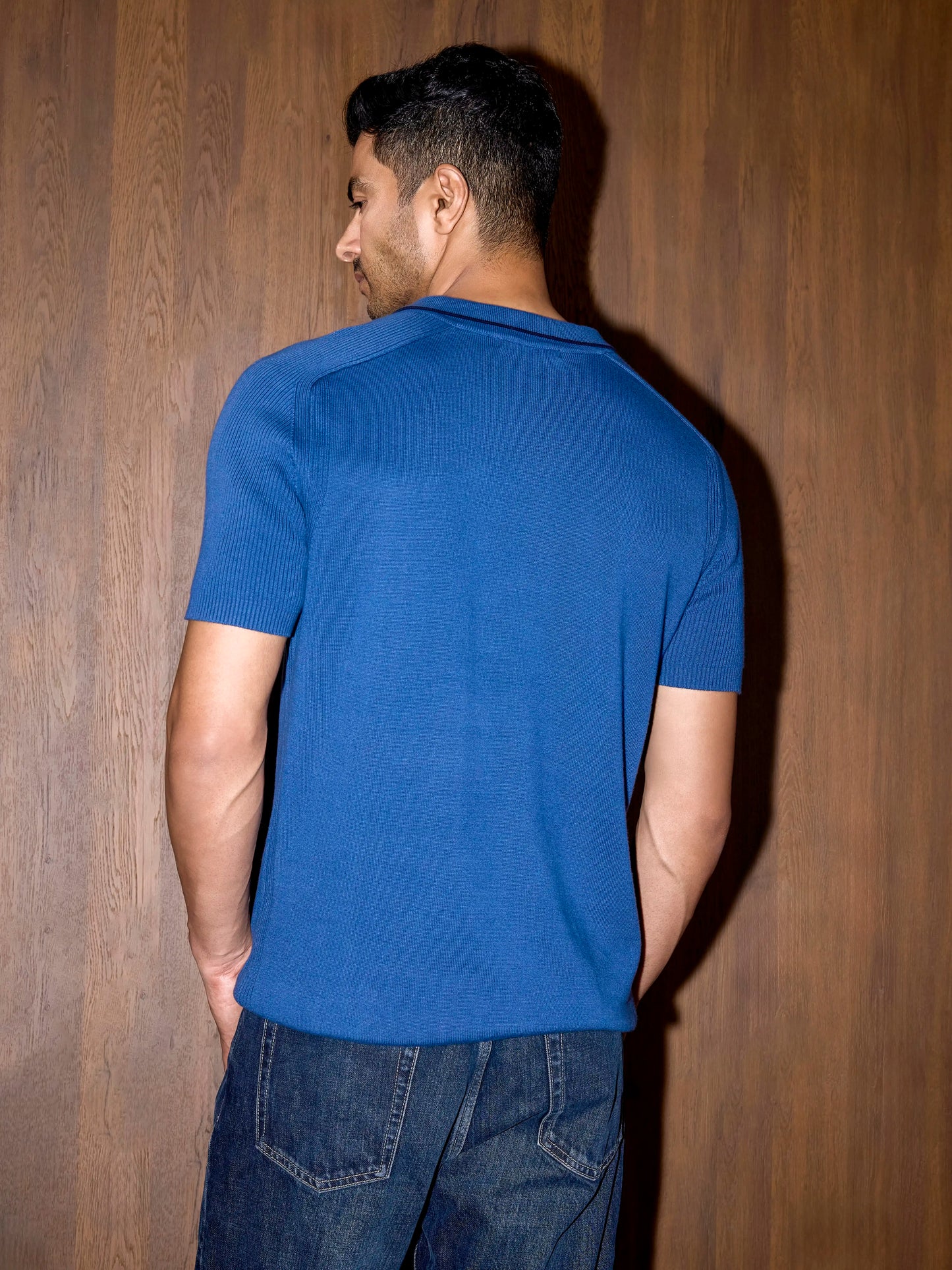 Rib Sleeve Cotton Zip Polo - Cobalt Blue