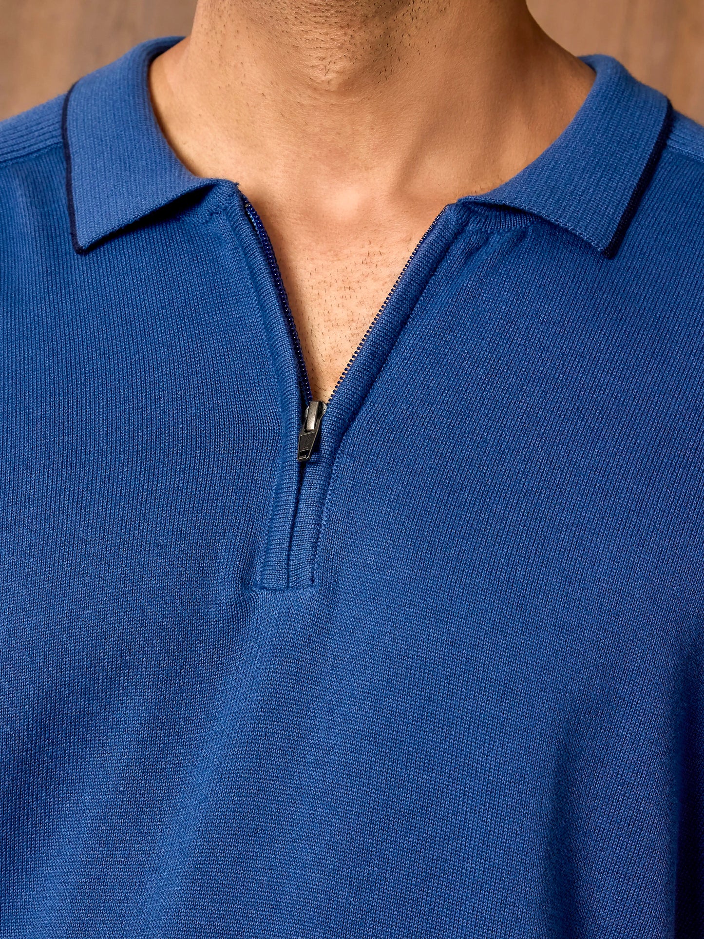 Rib Sleeve Cotton Zip Polo - Cobalt Blue
