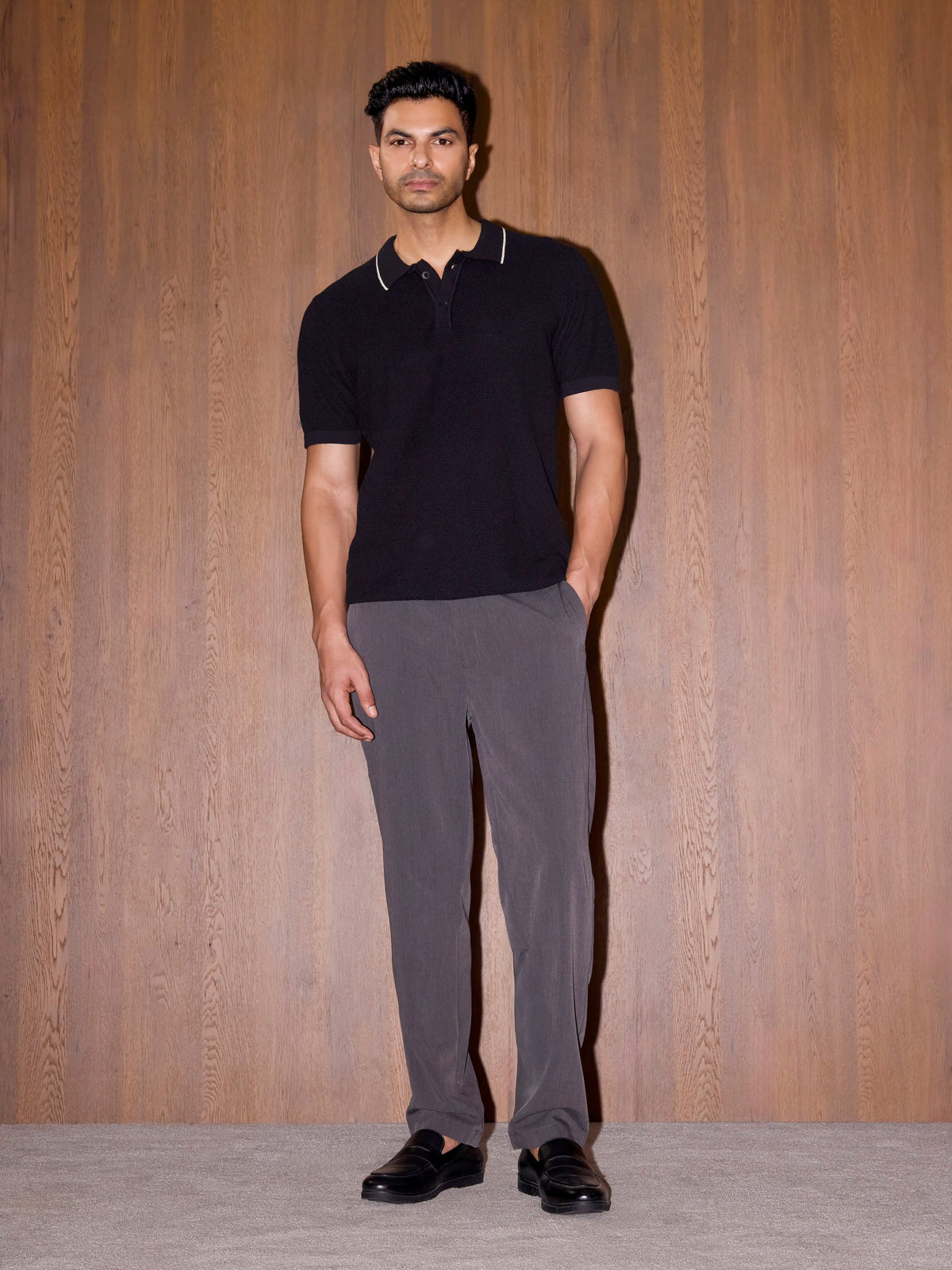 3D Knit Cotton Polo Regular Fit - Black
