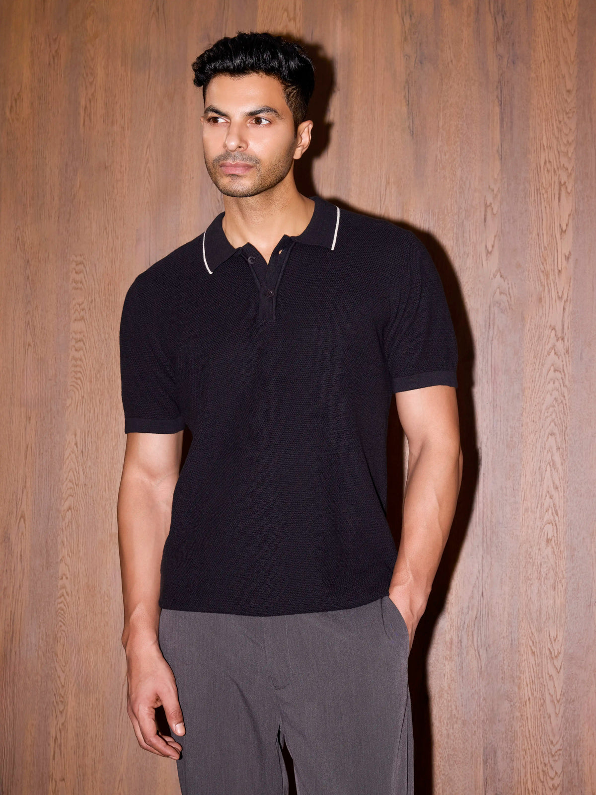 3D Knit Cotton Polo Regular Fit - Black