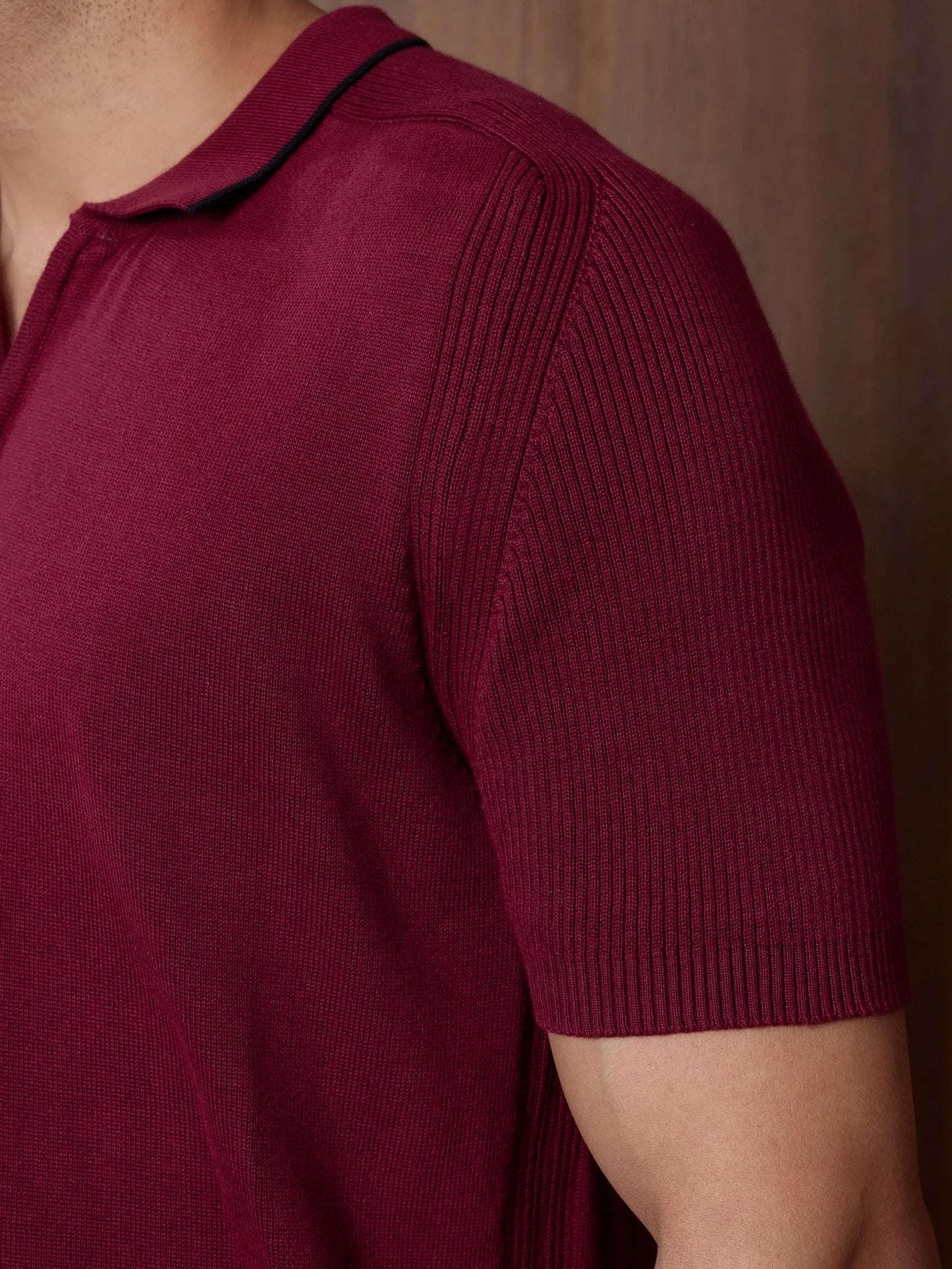 Rib Sleeve Cotton Zip Polo - Burgundy