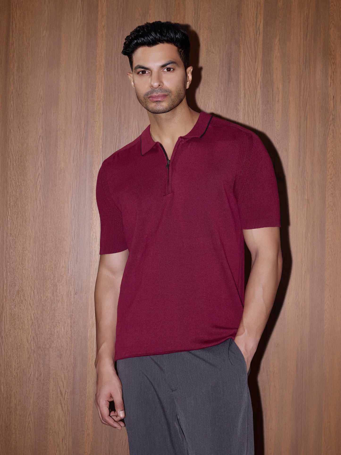 Rib Sleeve Cotton Zip Polo - Burgundy