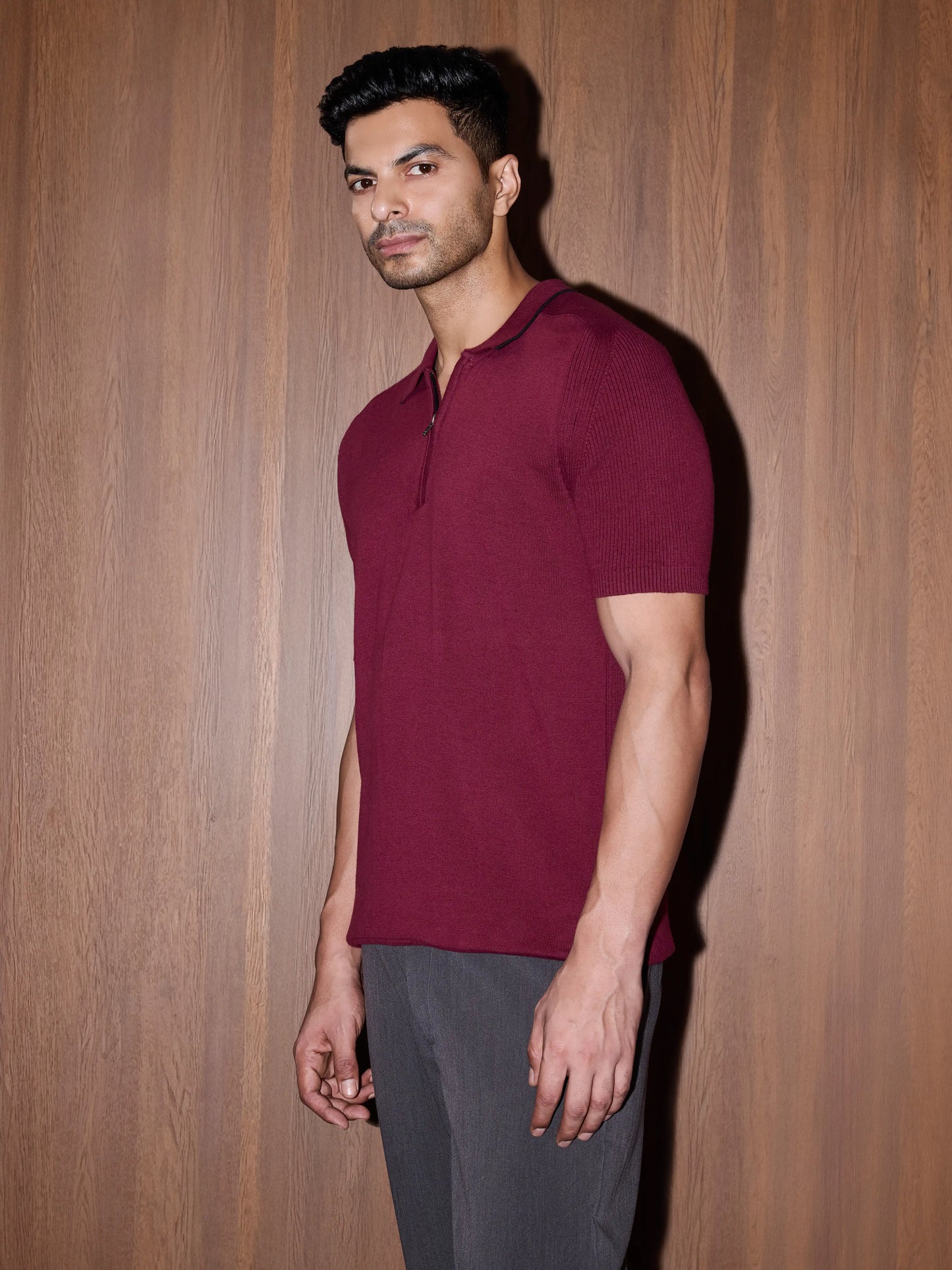 Rib Sleeve Cotton Zip Polo - Burgundy