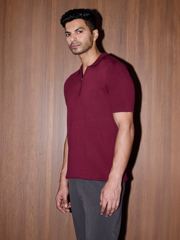 Rib Sleeve Cotton Zip Polo - Burgundy