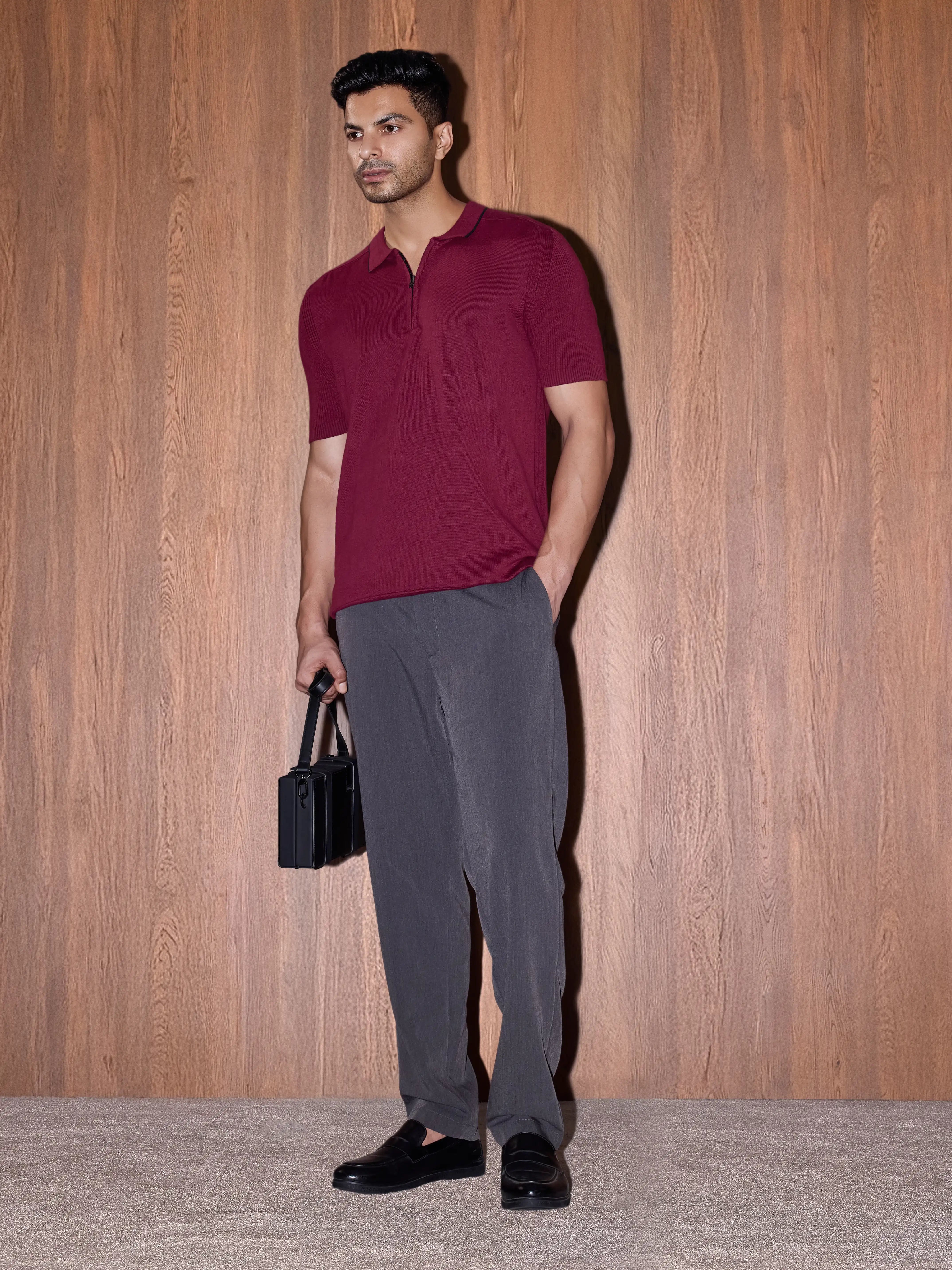 Rib Sleeve Cotton Zip Polo - Burgundy