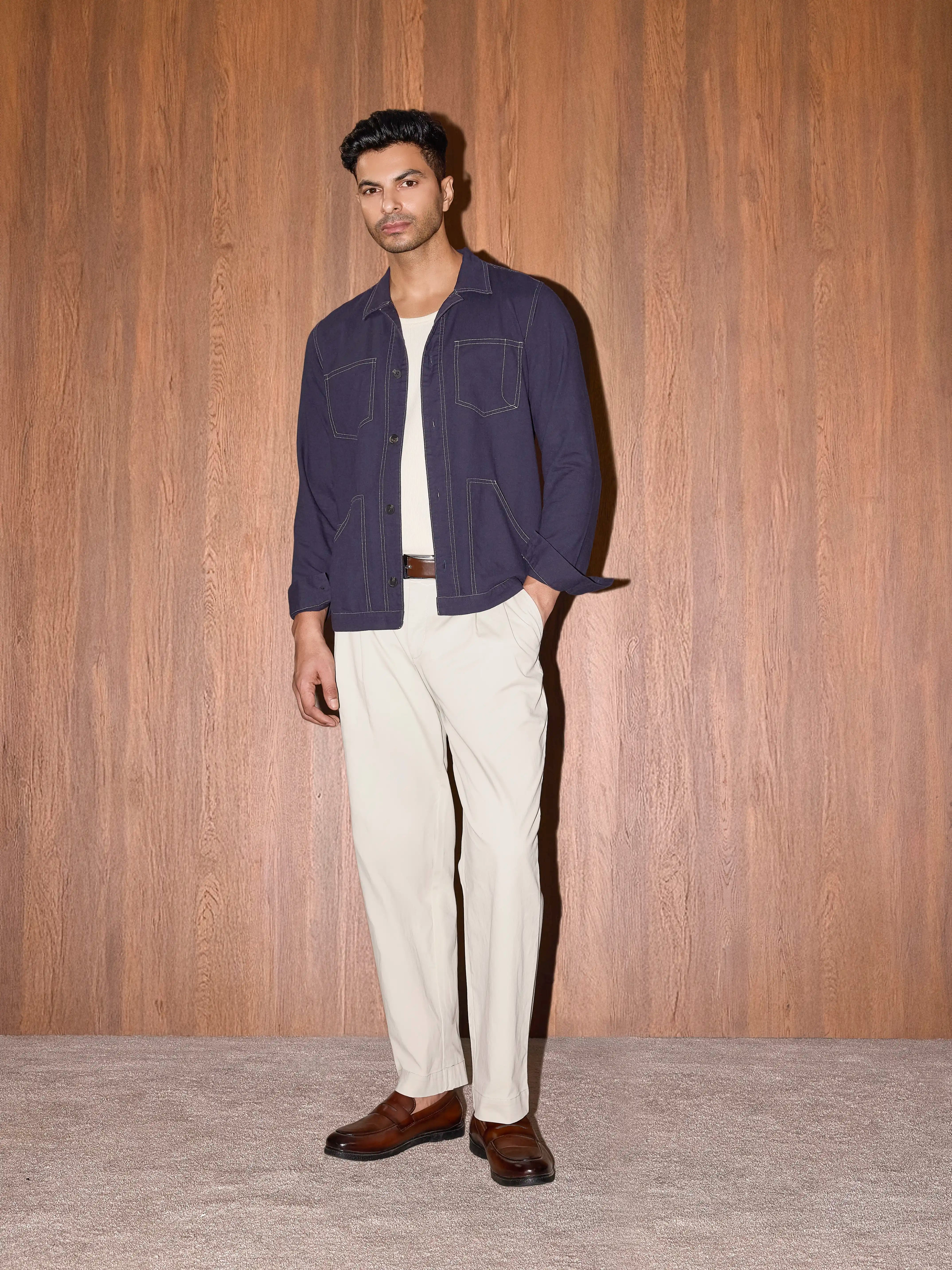 Linen Contrast Stitch Shacket