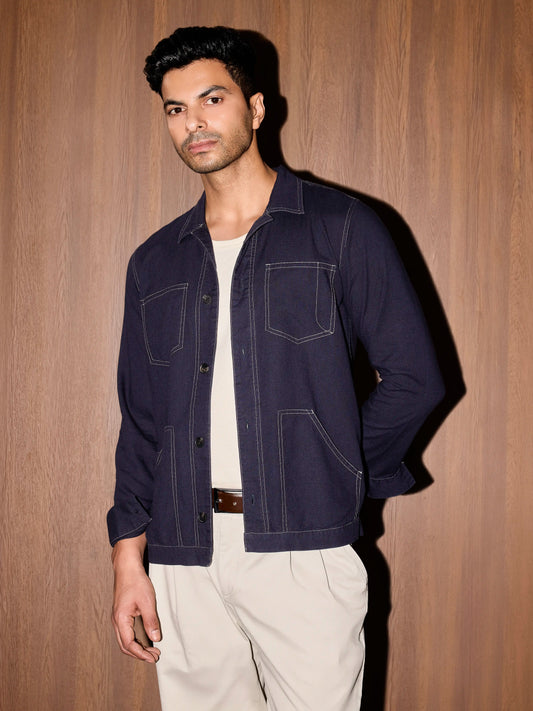 Linen Contrast Stitch Shacket