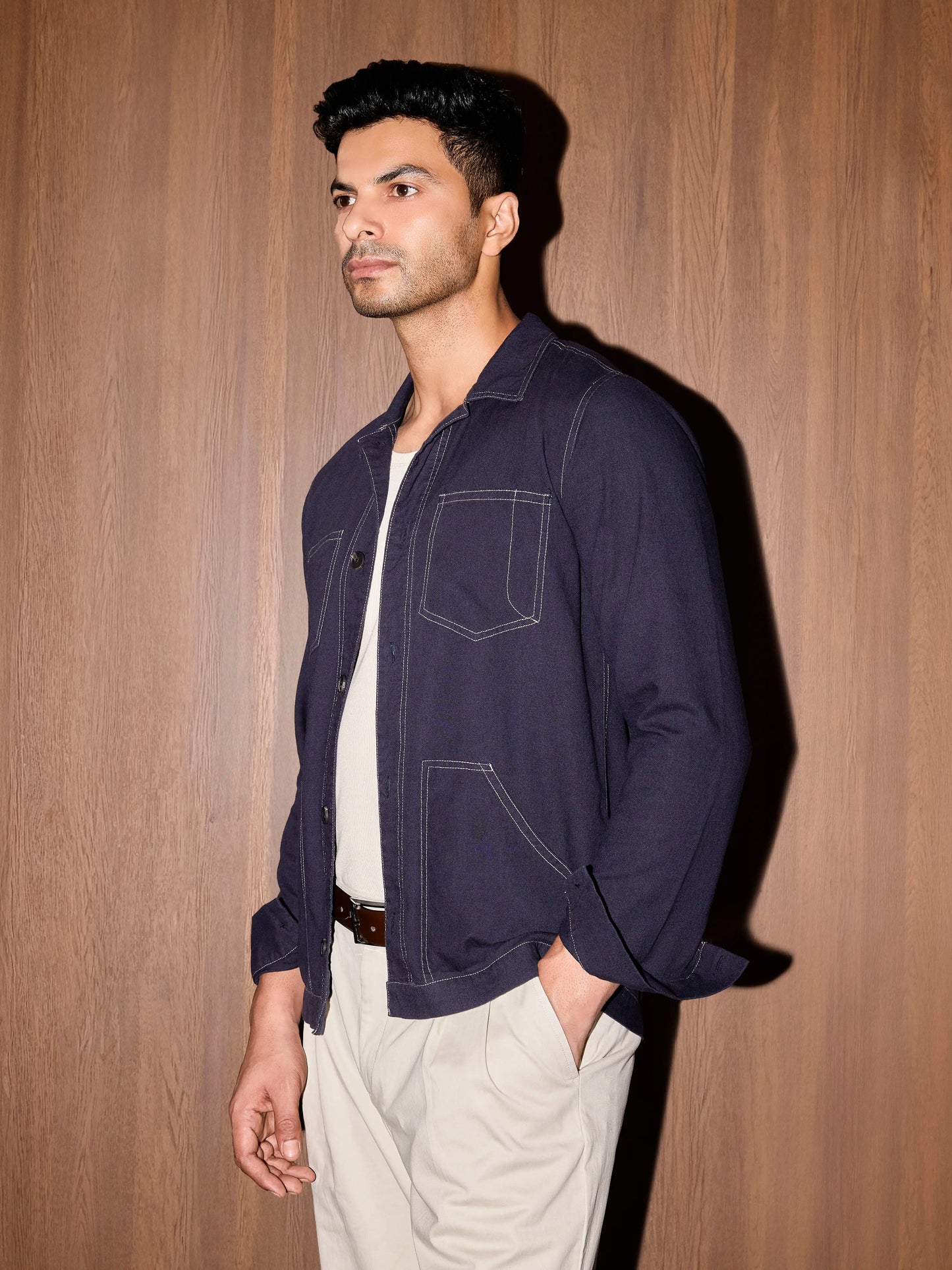 Linen Contrast Stitch Shacket