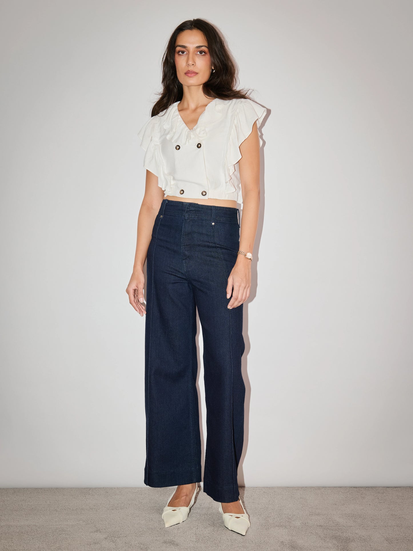 Ruffle Linen Double Breasted Top - White